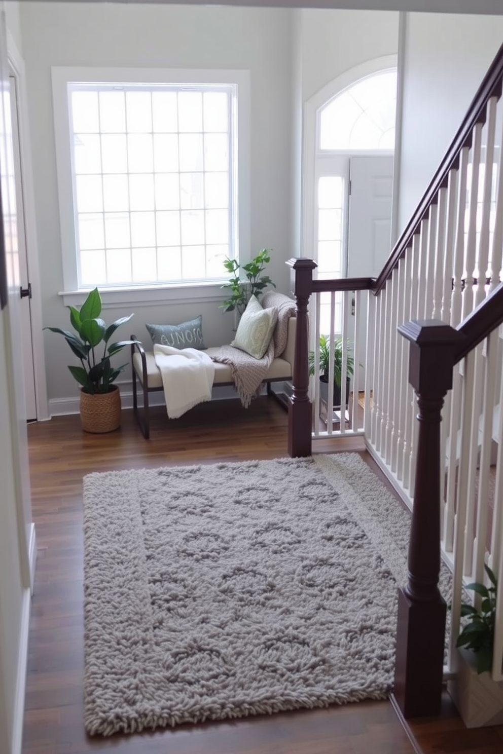 A welcoming staircase landing features a plush area rug that adds warmth and texture to the space. A cozy throw is draped over a stylish bench, inviting relaxation and comfort in this transitional area. Natural light floods the landing through large windows, highlighting the soft color palette of muted grays and whites. Potted plants in the corners bring a touch of greenery, enhancing the inviting atmosphere.