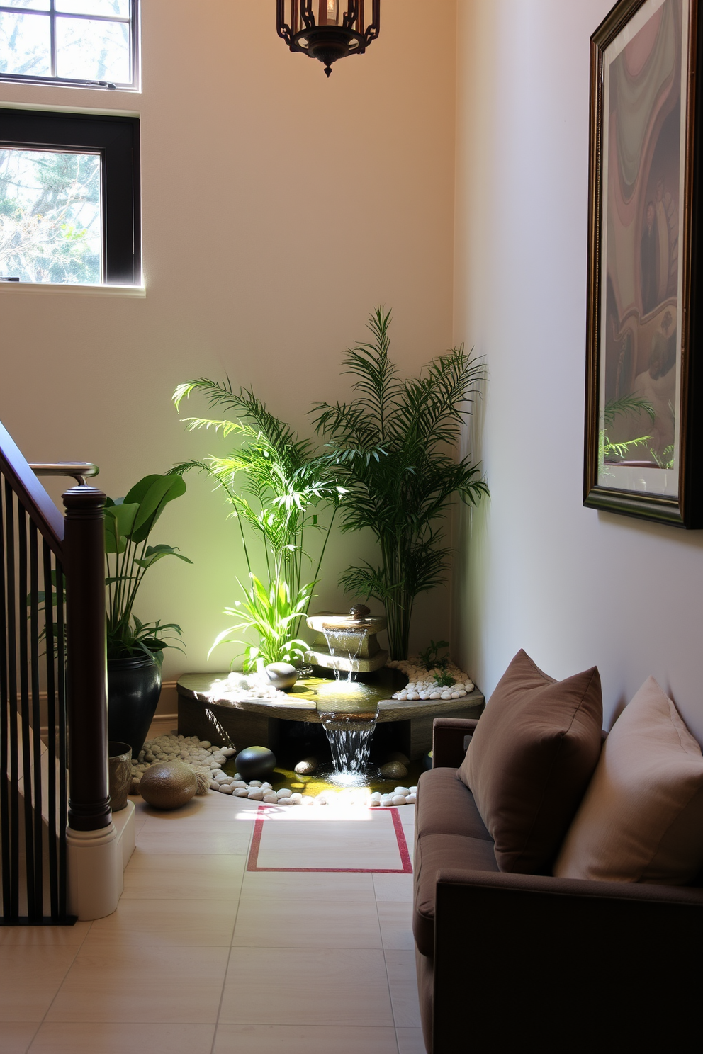 A serene staircase landing featuring a small indoor fountain that creates a calming ambiance. The fountain is surrounded by lush greenery and decorative pebbles, enhancing the tranquil atmosphere of the space. The walls are adorned with soft, neutral tones, complemented by elegant artwork that adds character. A cozy seating area with plush cushions invites relaxation, while natural light streams in from a nearby window.