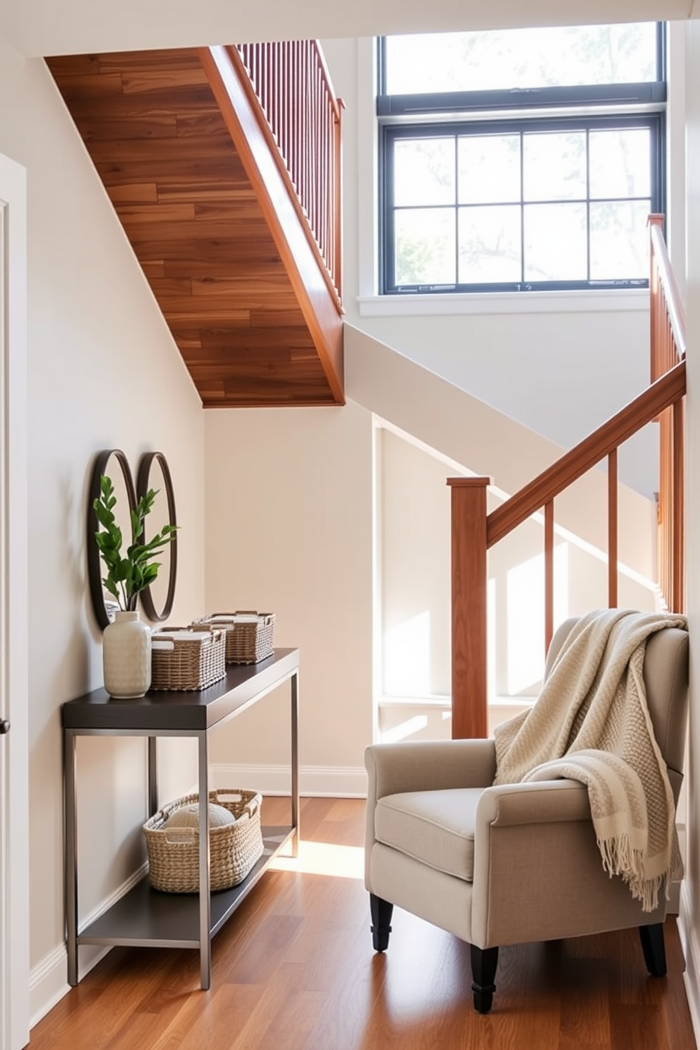 A stylish staircase landing that combines functionality and elegance. The space features a sleek console table against the wall, adorned with decorative baskets for organization and a small potted plant for a touch of greenery. Natural light floods the area through a large window, highlighting the warm wood tones of the staircase. A cozy seating nook with a plush armchair and a soft throw invites relaxation while maintaining a clean and organized aesthetic.