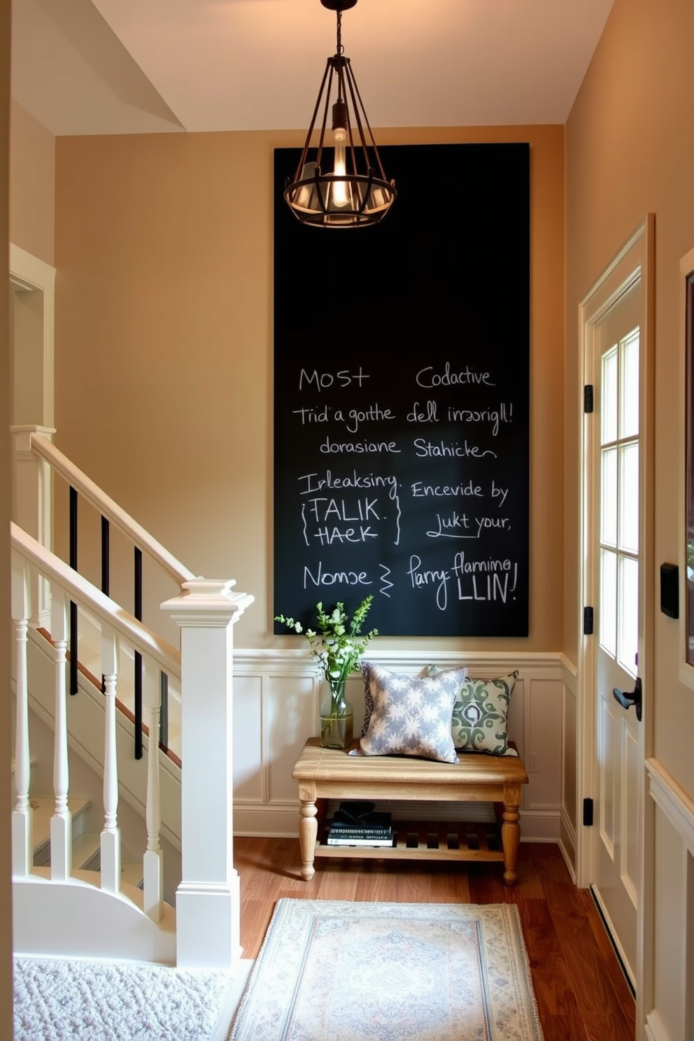 A charming staircase landing that features a large chalkboard mounted on the wall for messages and art. The area is illuminated by a stylish pendant light, creating a warm and inviting atmosphere. The floor is adorned with a soft area rug that complements the color scheme. A small bench with decorative cushions is placed nearby, offering a cozy spot to sit and enjoy the view.