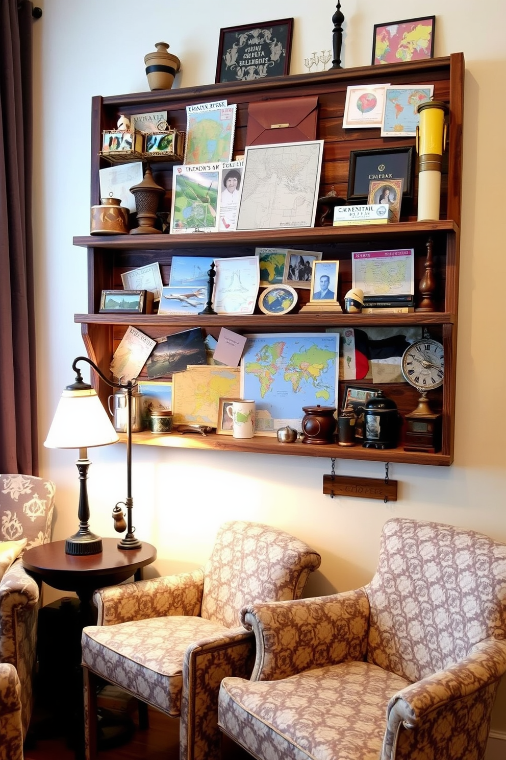 Create a themed decor area that showcases a collection of vintage travel souvenirs. The space features a rustic wooden shelf adorned with maps, postcards, and artifacts from various countries. Incorporate a cozy seating arrangement with a patterned armchair and a small side table. Soft lighting from a nearby lamp highlights the collectibles and creates an inviting atmosphere.