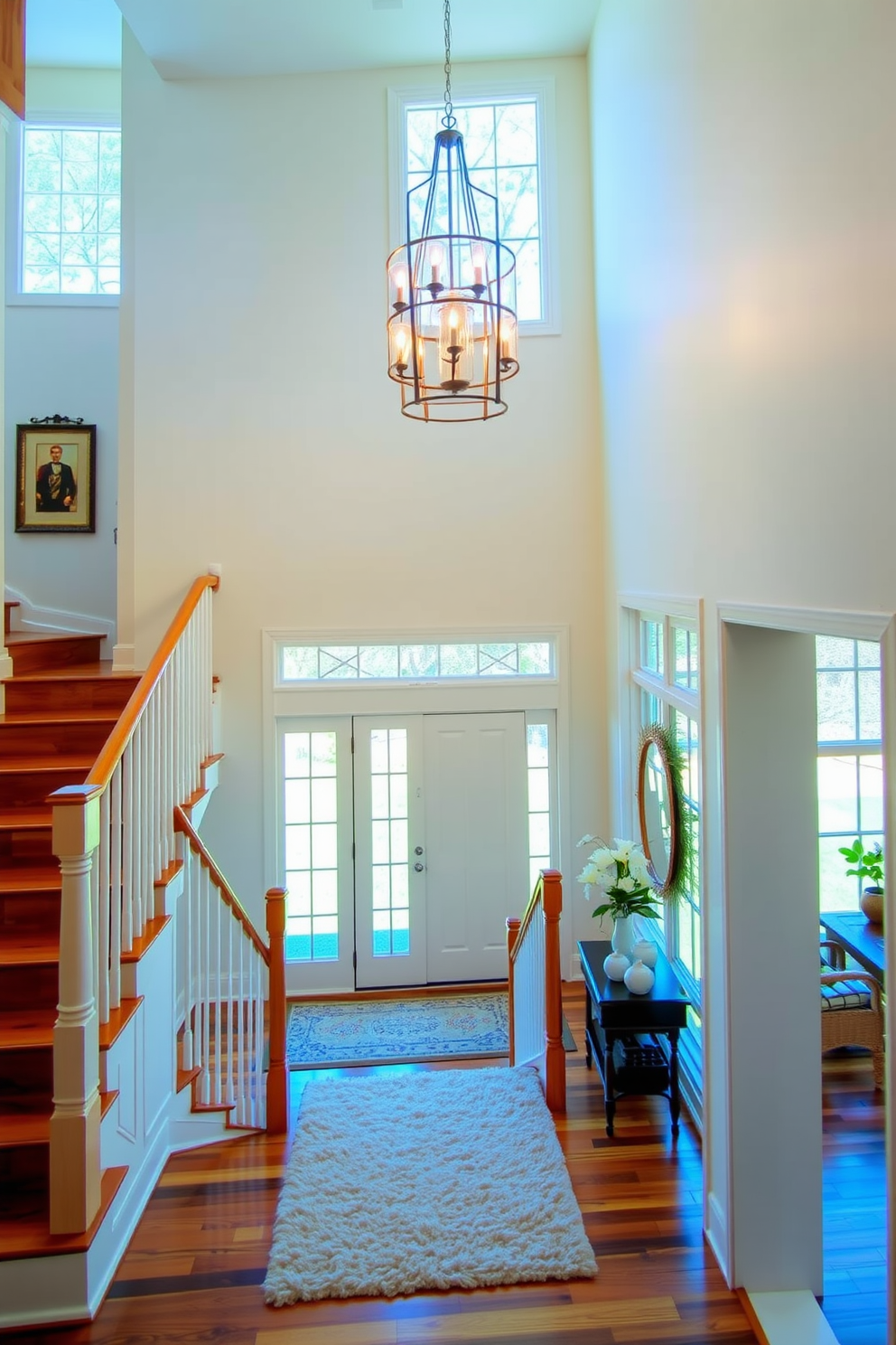 A bright and inviting staircase landing featuring a statement chandelier that draws the eye upward. The walls are painted in a soft white hue, complementing the warm wooden staircase that leads to the upper levels. The landing is adorned with a plush area rug that adds texture and warmth to the space. Large windows allow natural light to flood in, creating a cheerful ambiance throughout the area.