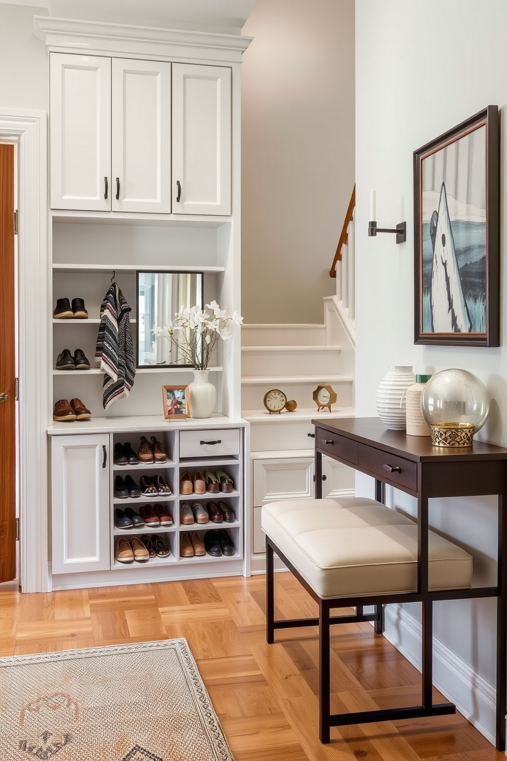 A functional shoe storage solution that blends seamlessly with the entryway. The design features built-in cabinetry with open shelving for easy access to shoes and a cushioned bench for comfortable seating while putting on footwear. Staircase landing design ideas that create a welcoming transition space. The area includes a stylish console table with decorative elements and wall-mounted art to enhance the aesthetic appeal while providing practical storage options.