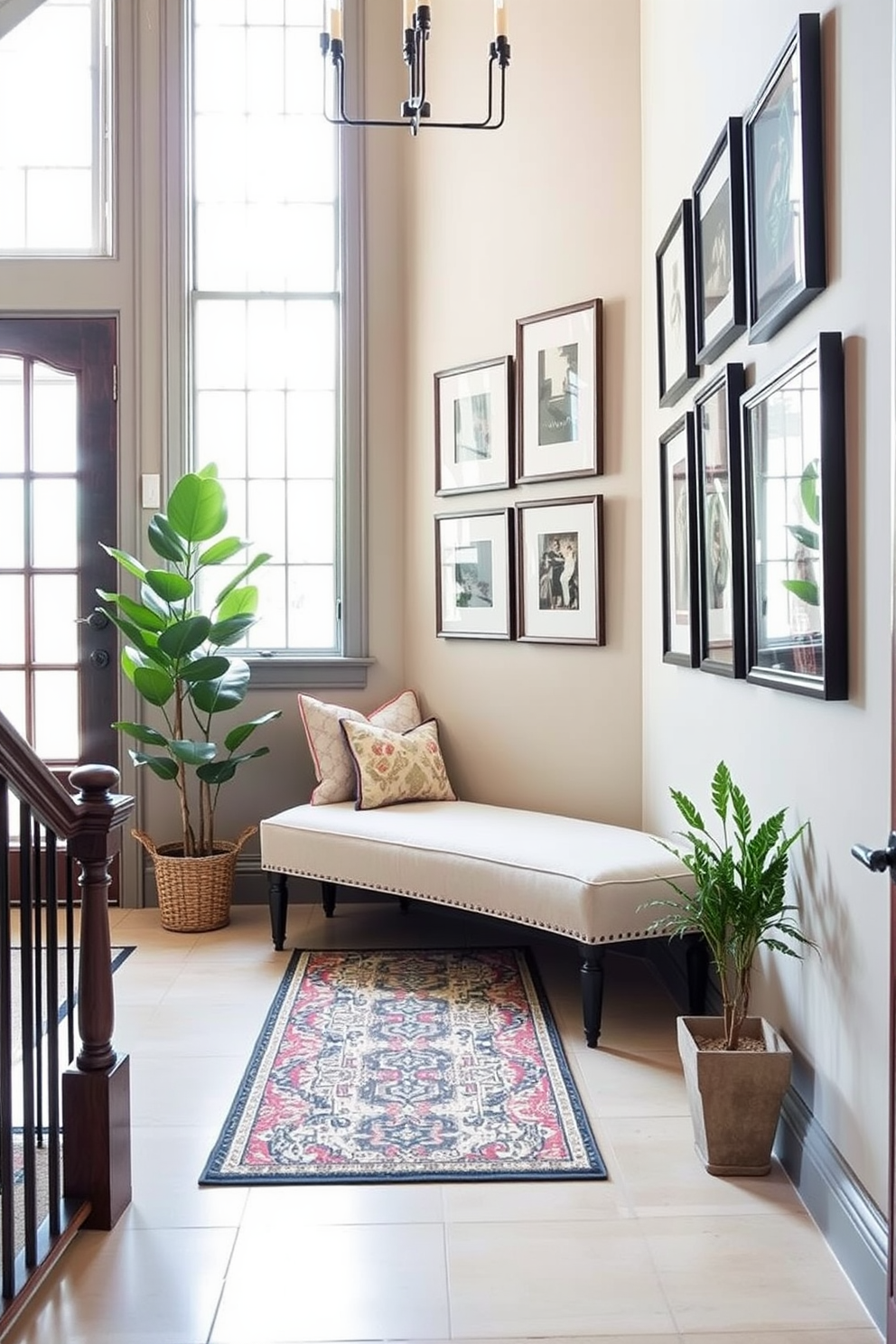 A welcoming staircase landing features a small upholstered bench positioned against the wall, providing a cozy spot for seating. The area is adorned with a stylish runner rug that adds warmth, while a large window allows natural light to fill the space, highlighting the elegant design. On the opposite wall, a collection of framed artwork adds a personal touch, creating an inviting atmosphere. Potted plants are placed on either side of the bench, enhancing the greenery and bringing a touch of nature indoors.