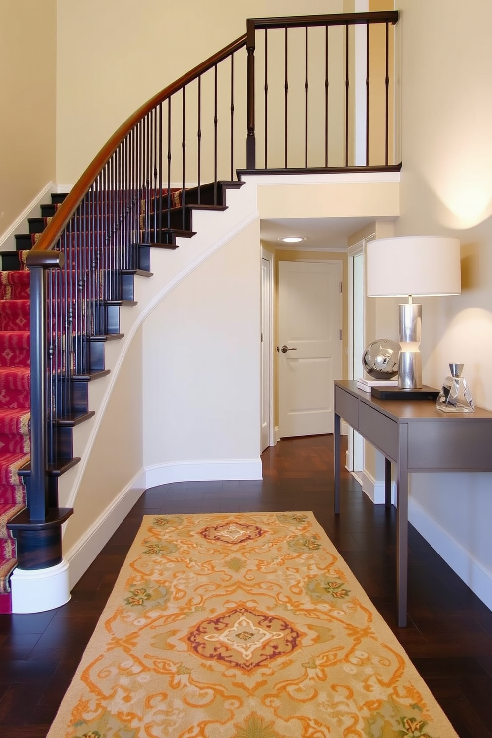 A stylish staircase landing adorned with a decorative area rug that adds warmth and texture to the space. The walls are painted in a soft beige tone, and a sleek console table is placed against one side, topped with a stylish lamp and a few curated decorative objects.