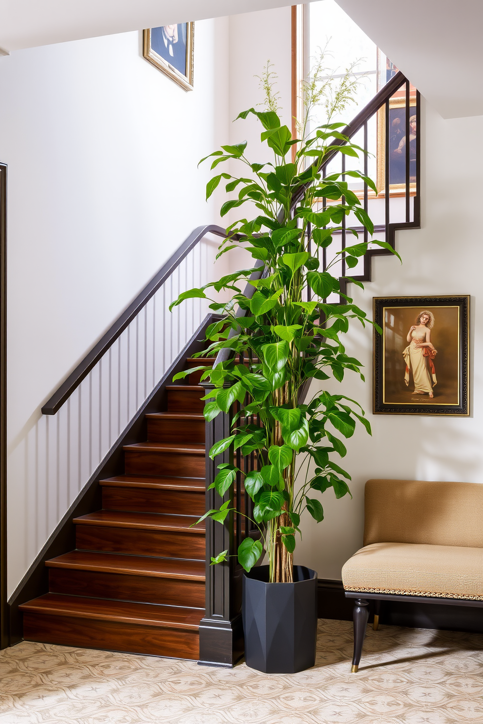 A stylish staircase landing featuring a tall indoor plant that adds a touch of natural beauty to the space. The walls are adorned with elegant artwork, and a cozy bench sits against one side, creating a welcoming atmosphere.