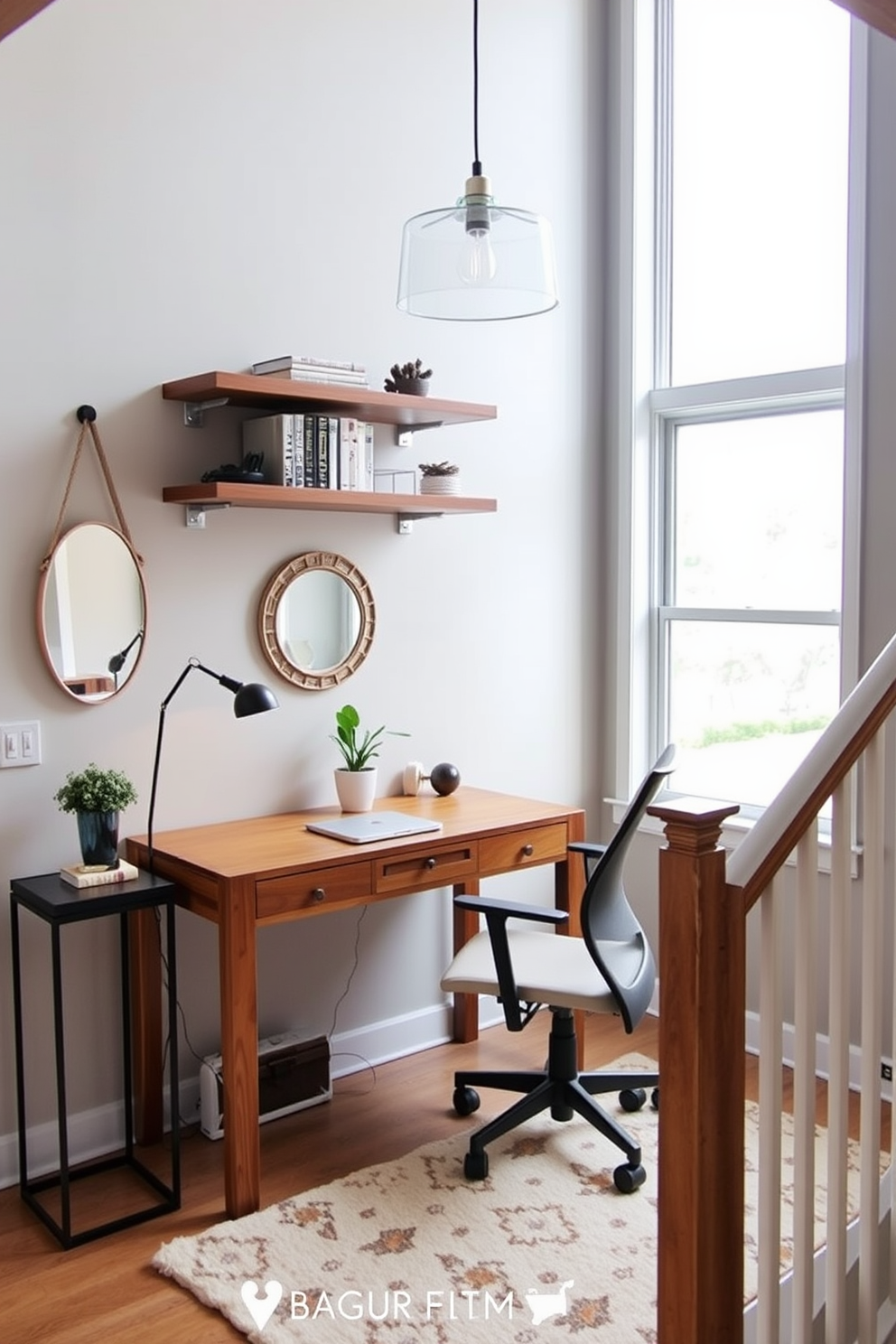 A cozy mini home office space features a sleek wooden desk positioned against a large window that allows natural light to flood the room. A comfortable ergonomic chair complements the desk, while floating shelves above hold books and decorative items, creating an organized yet inviting atmosphere. The staircase landing is designed with a stylish console table against the wall, adorned with a decorative mirror and a small potted plant. Soft lighting from a pendant fixture above enhances the space, while a plush area rug adds warmth and texture to the landing.