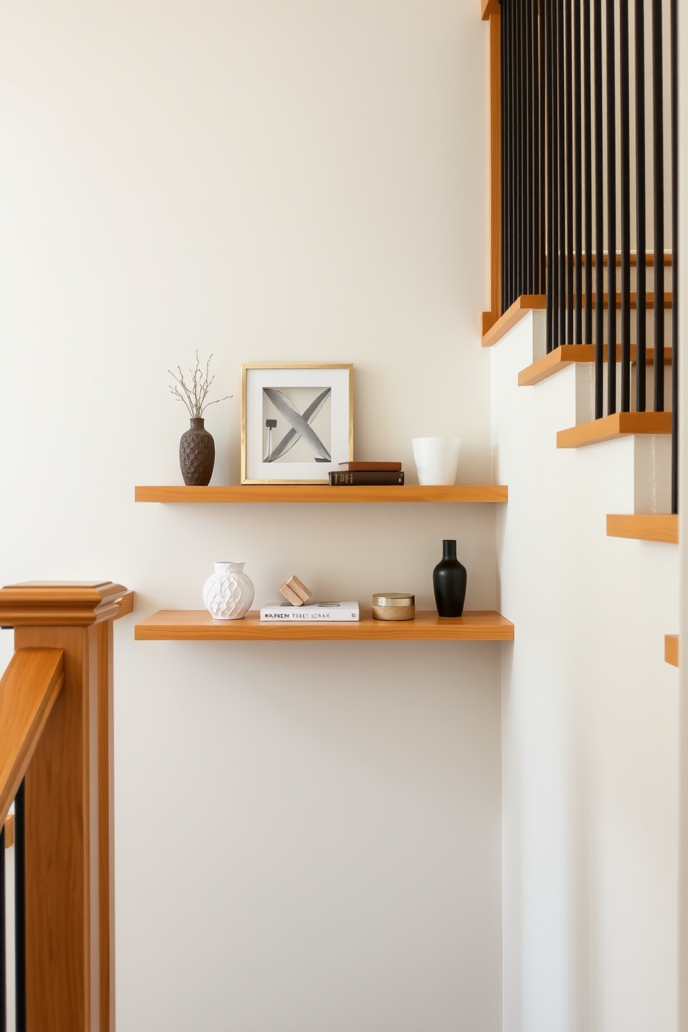 A stylish staircase landing features a floating shelf adorned with carefully curated decor items. The shelf is made of natural wood and complements the soft neutral tones of the walls, creating an inviting atmosphere.