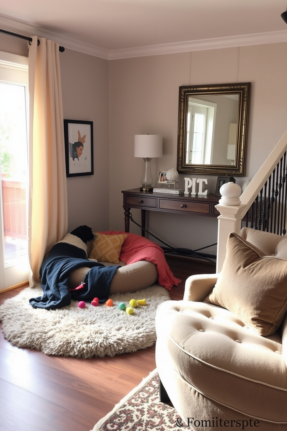 A cozy pet corner featuring a plush bed surrounded by soft, warm blankets and a few colorful toys scattered around. The area is illuminated by natural light streaming through a nearby window, enhancing the inviting atmosphere. The staircase landing is designed with a stylish console table adorned with decorative items and a large mirror above it. Plush seating is arranged nearby, creating a welcoming space for relaxation and conversation.