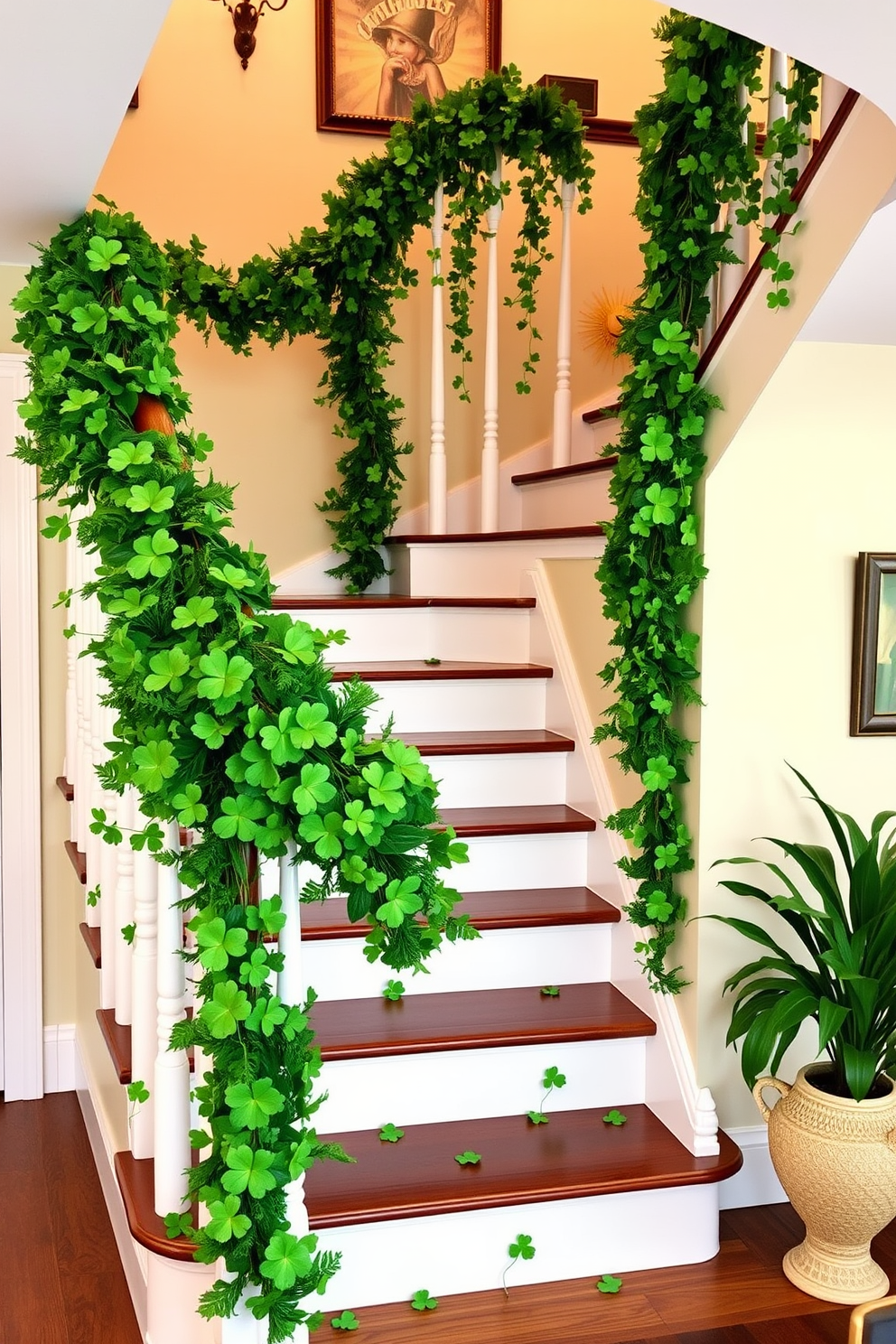 A charming staircase adorned with lush green garlands featuring vibrant shamrocks cascading down the banister. The decorations create a festive ambiance, perfect for celebrating St. Patrick's Day with warmth and cheer.