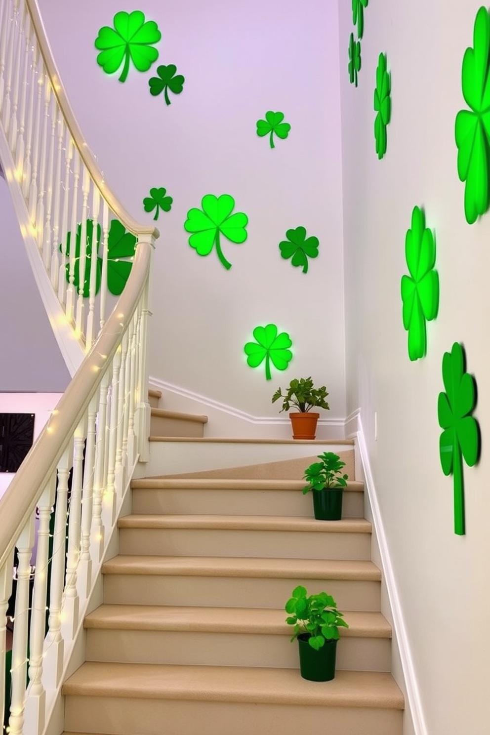 A vibrant staircase adorned with festive wall art featuring shamrocks creates a cheerful atmosphere. The walls are painted in a soft white hue, allowing the bright green shamrock decorations to stand out beautifully. Along the staircase railing, strands of twinkling fairy lights add a warm glow, complementing the festive decor. Potted shamrock plants are placed on each step, enhancing the St. Patrick's Day theme with a touch of nature.