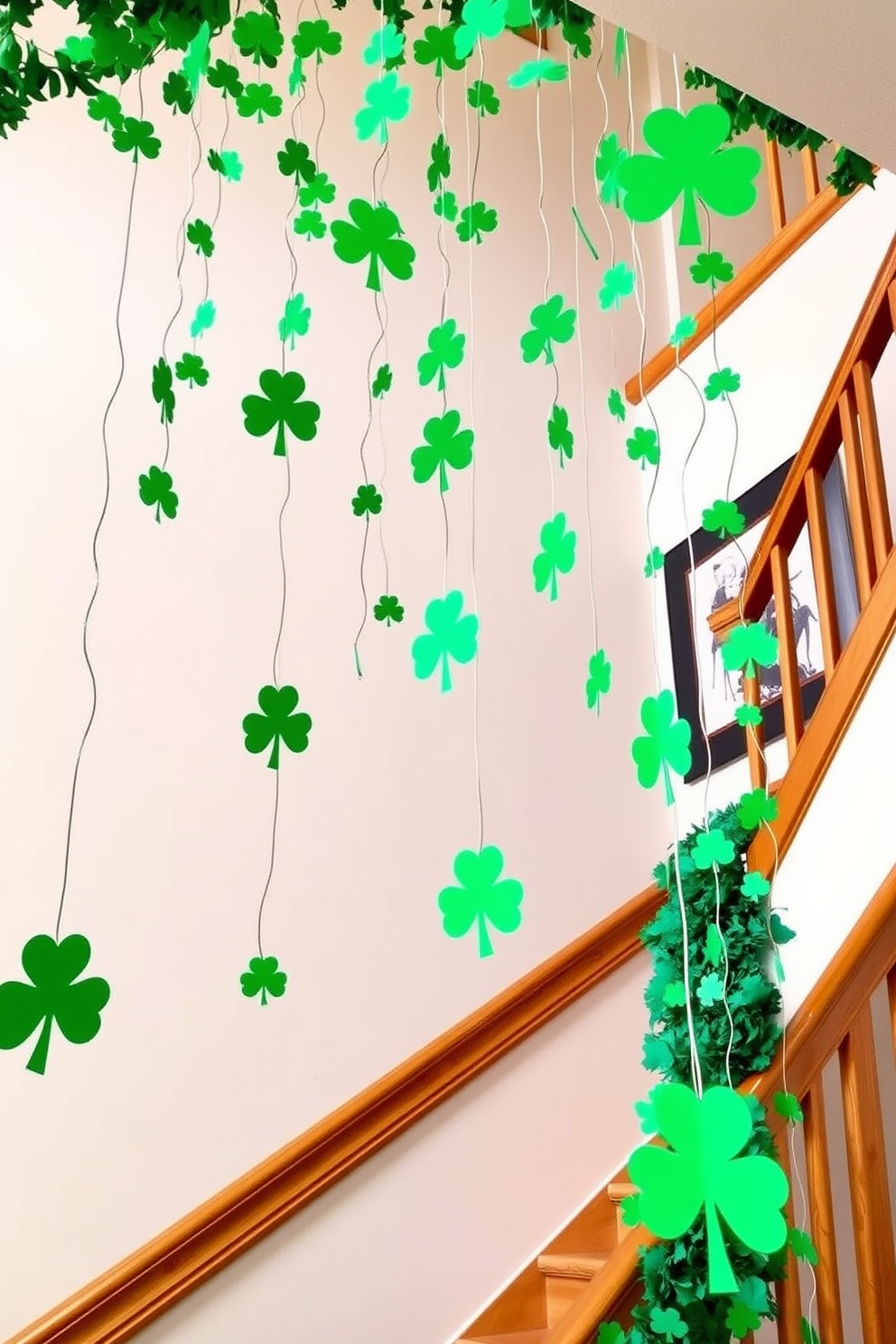 A festive staircase adorned with hanging shamrock decorations creates a cheerful atmosphere for St. Patrick's Day. The vibrant green shamrocks dangle gracefully from the ceiling, complementing the warm wood tones of the staircase and inviting guests to enjoy the holiday spirit.