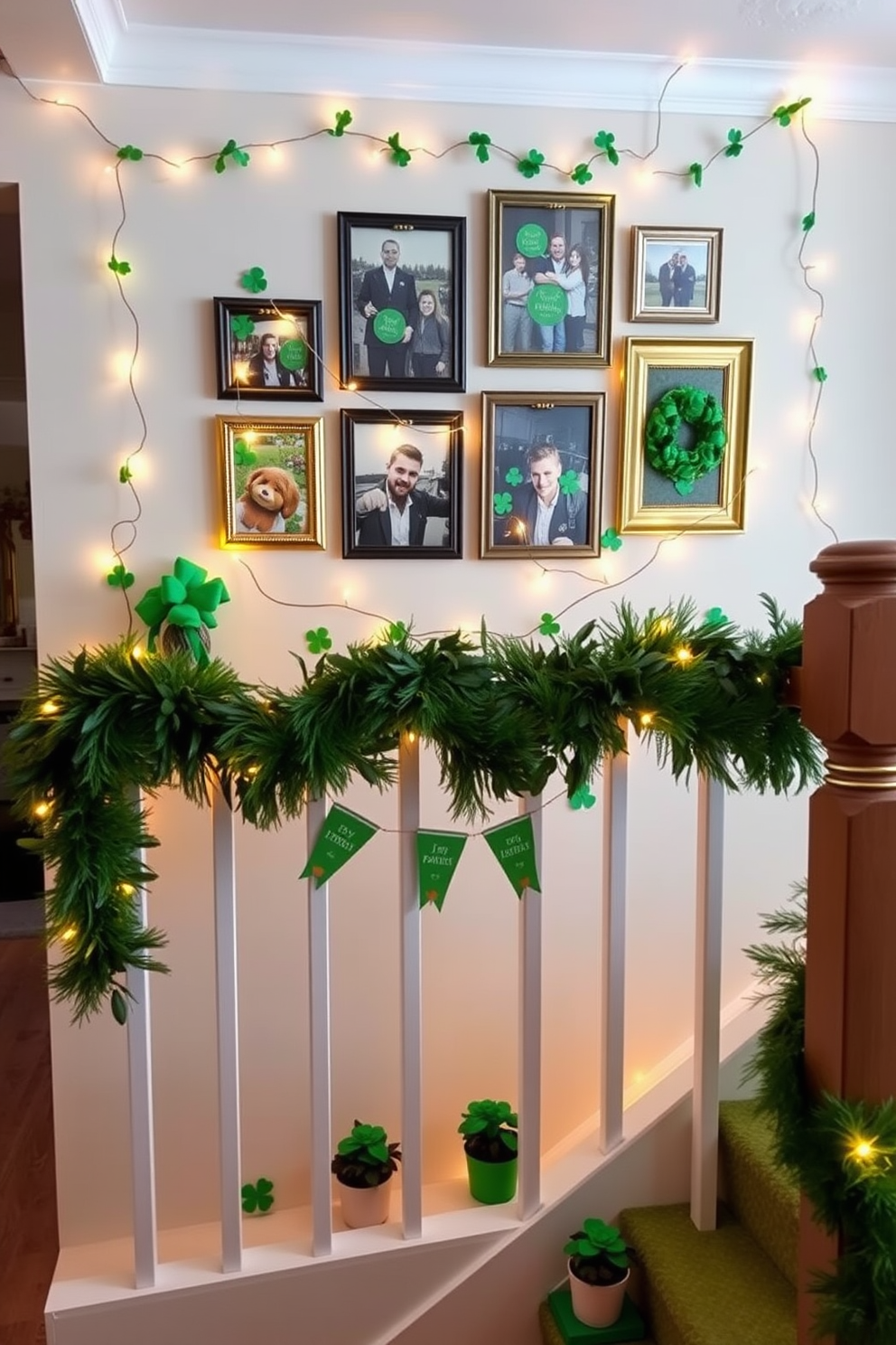 A charming St Patrick's Day themed photo display adorns the wall, featuring a collection of framed images showcasing festive celebrations and green decorations. The display is enhanced by garlands of shamrocks and twinkling fairy lights that create a warm and inviting atmosphere. The staircase is beautifully decorated with vibrant green and gold accents, including a lush garland wrapped around the banister. Each step is adorned with small potted clovers and cheerful banners, adding a festive touch to the home.