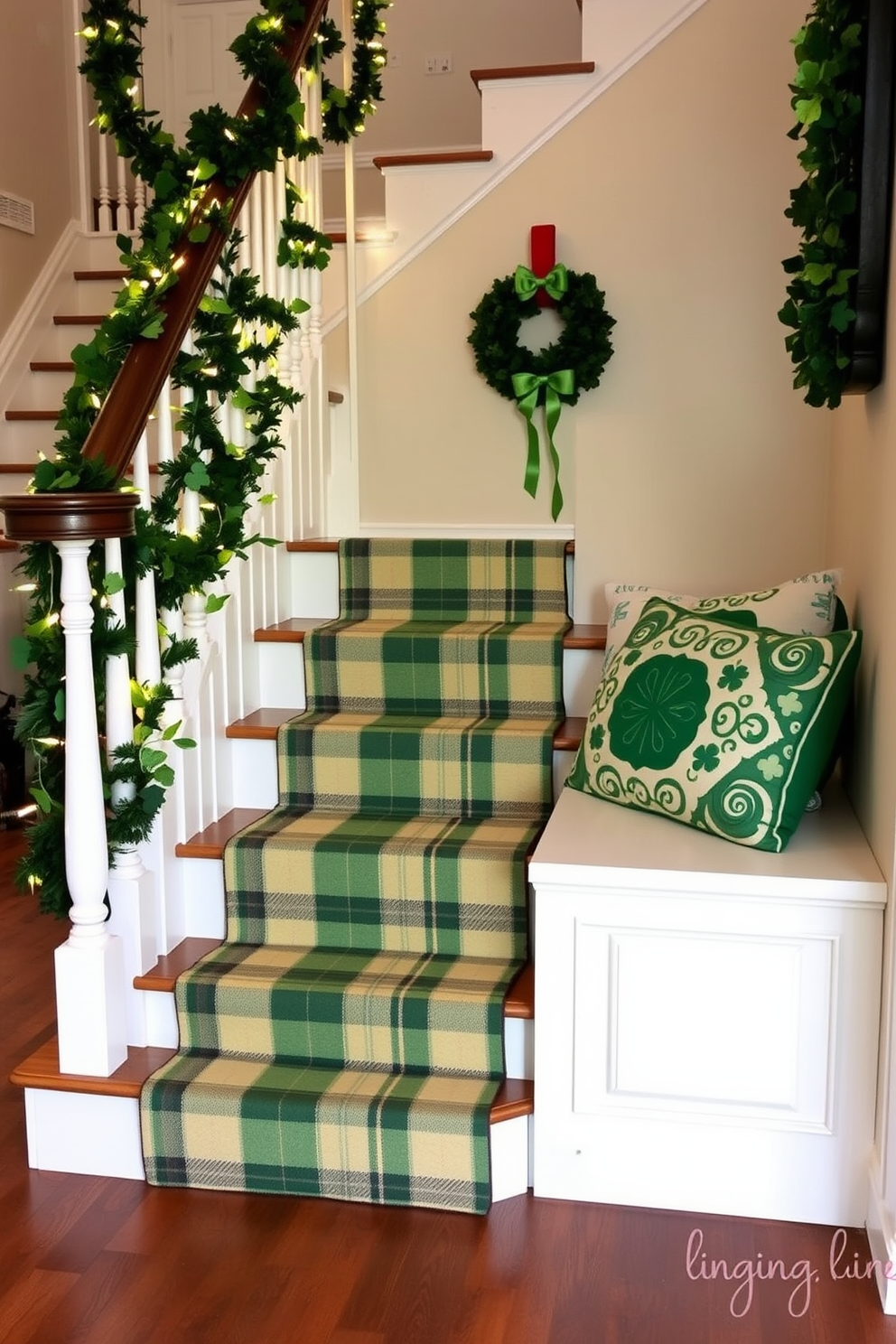 A cozy staircase runner made of plaid fabric adds warmth and charm to the entryway. The runner features shades of green and cream, perfectly complementing St. Patrick's Day decorations. Adorning the staircase are festive garlands of shamrocks and twinkling fairy lights. Decorative pillows with Celtic patterns are placed on the adjacent bench for an inviting touch.