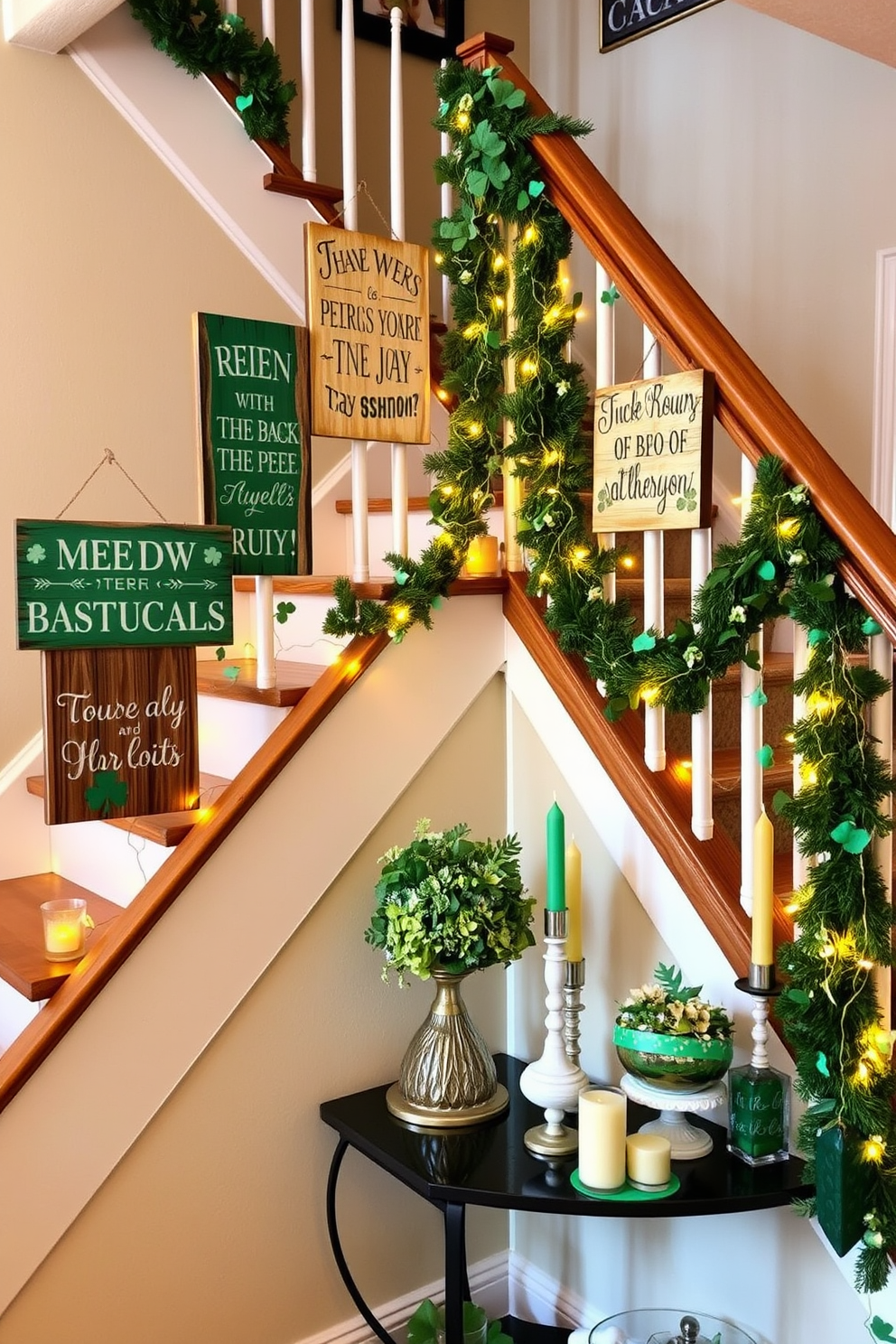 A charming staircase adorned with decorative signs featuring traditional Irish sayings. The signs are crafted from reclaimed wood, painted in shades of green and gold, and are suspended along the staircase railing, creating a warm and festive atmosphere for St. Patrick's Day. Colorful garlands of shamrocks and twinkling fairy lights cascade down the staircase, enhancing the celebratory vibe. At the base of the stairs, a small table displays a collection of green and gold accents, including a festive centerpiece and themed candles.