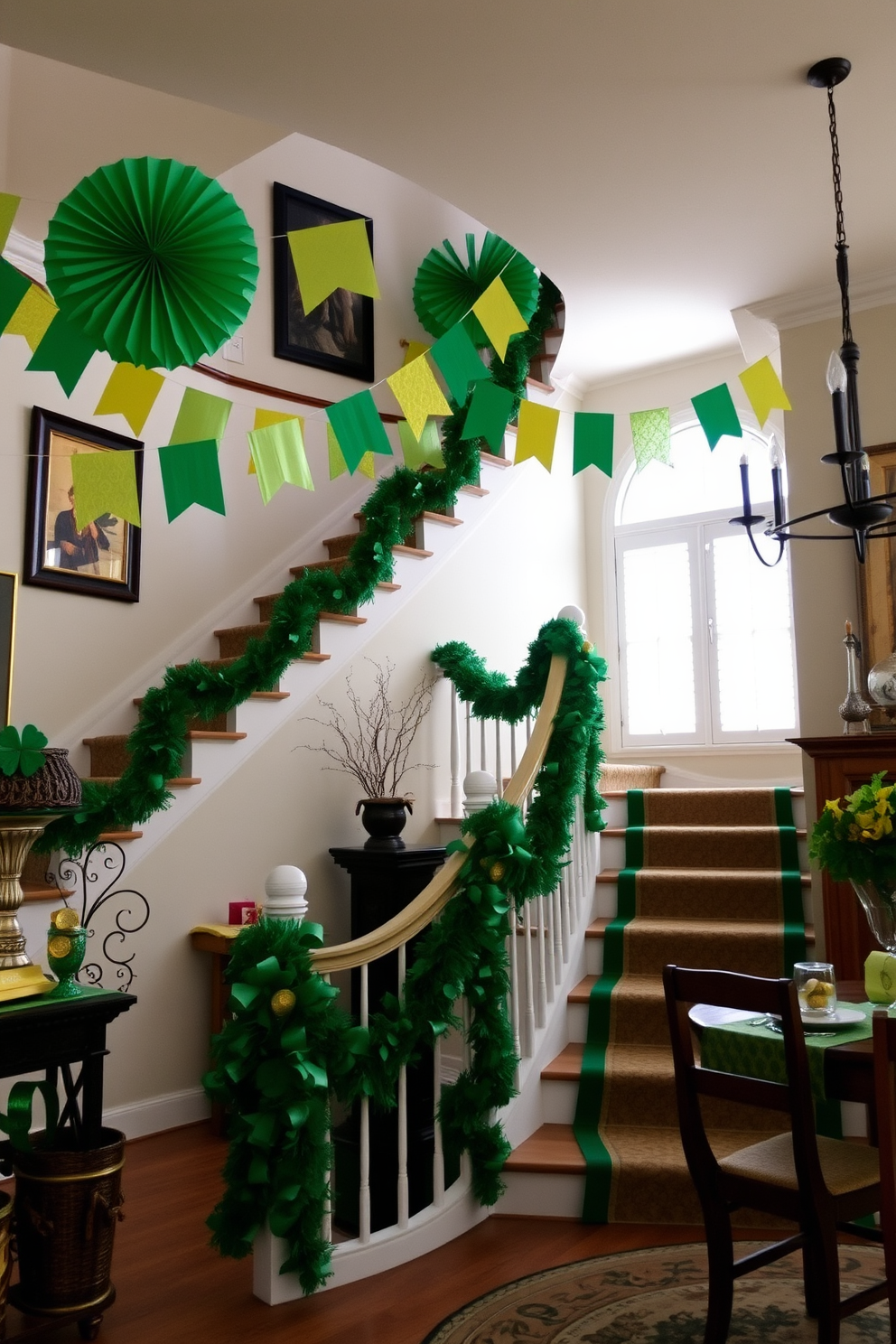 Banners made of green and gold paper hang gracefully across the room, adding a festive touch to the atmosphere. The vibrant colors complement the decor, creating a cheerful ambiance for St. Patrick's Day celebrations. A beautifully crafted staircase winds elegantly through the space, adorned with green garlands and gold accents. This eye-catching feature invites guests to explore the festive decor throughout the home. St. Patrick's Day decorating ideas include incorporating shamrocks and gold coins to enhance the theme. Creative centerpieces and table settings can elevate the festive spirit and charm of the occasion.