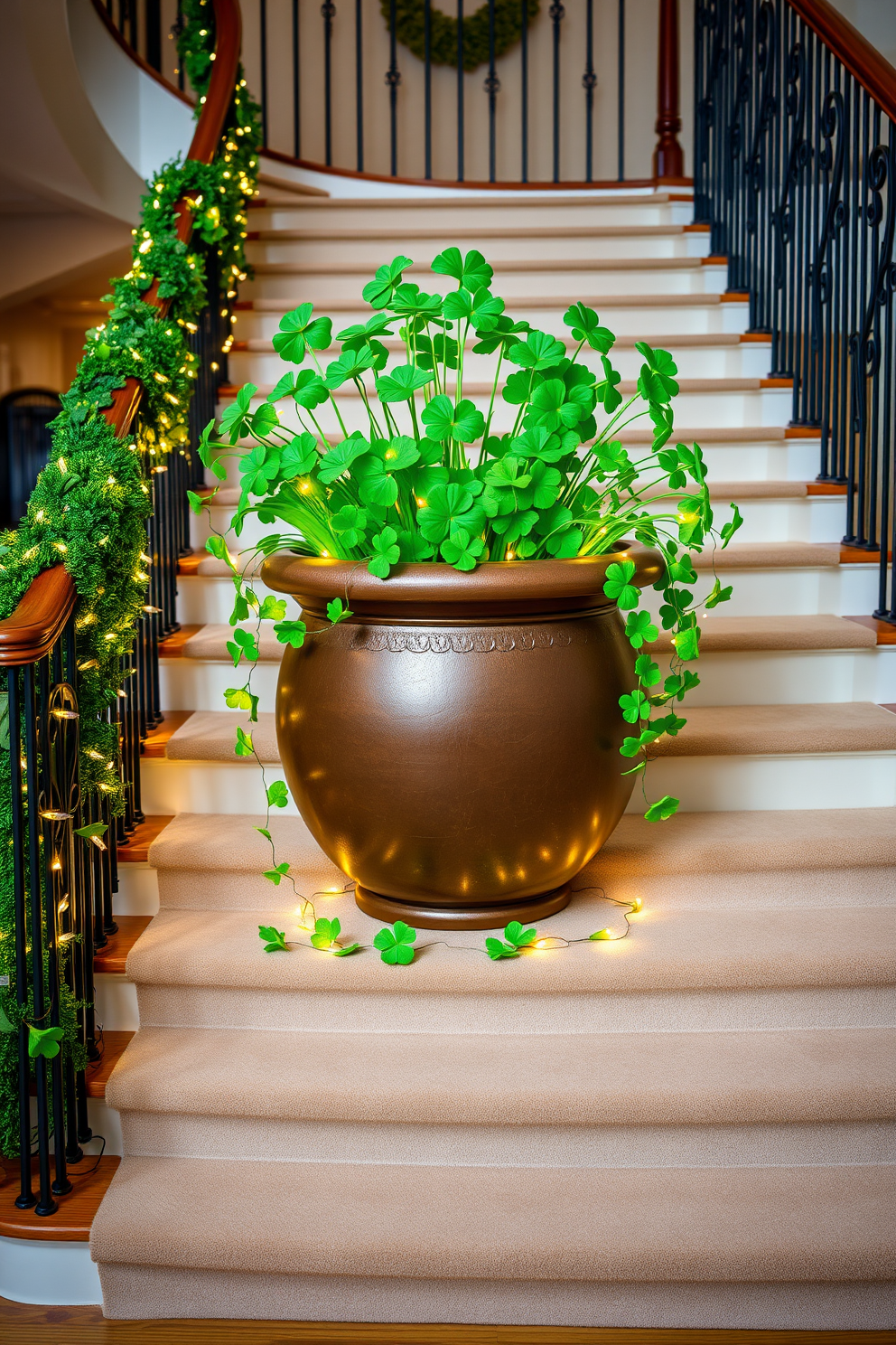 A stunning staircase landing adorned with a pot of gold centerpiece. The pot is overflowing with vibrant green shamrocks and surrounded by twinkling fairy lights for a festive St. Patrick's Day touch.