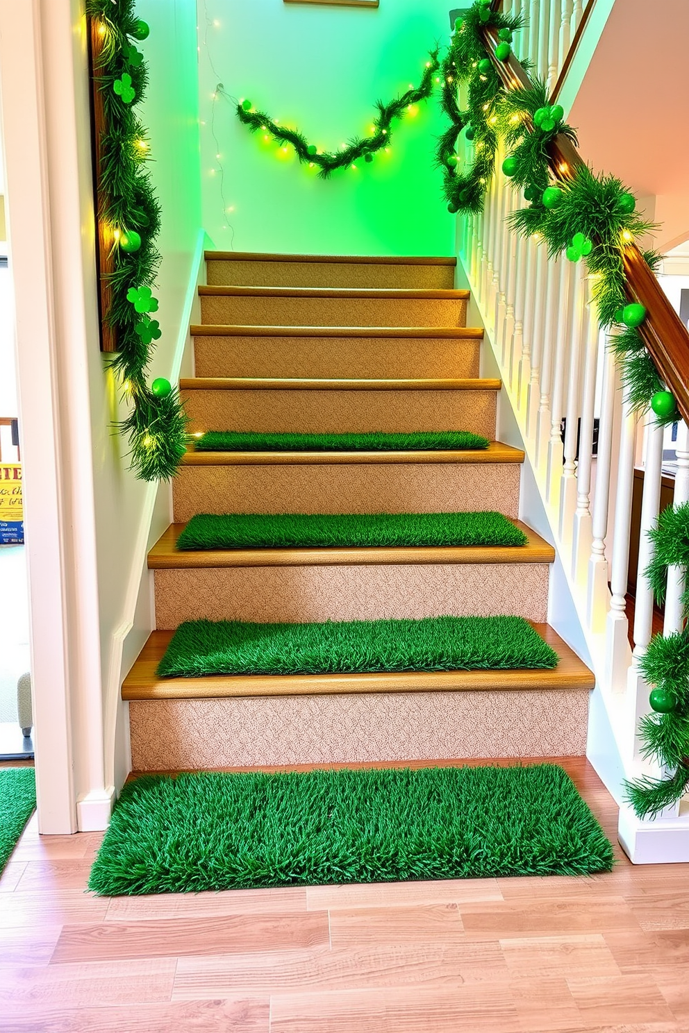 A charming staircase adorned with faux grass mats that add a touch of greenery and warmth. The mats are placed alongside the stairs, creating a welcoming atmosphere perfect for St. Patrick's Day celebrations. Festive decorations in shades of green and gold enhance the staircase's appeal. Whimsical shamrock garlands and twinkling fairy lights create a joyful ambiance that invites guests to enjoy the holiday spirit.