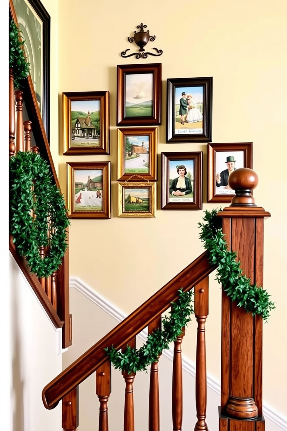 A charming staircase adorned with vintage Irish postcards framed elegantly on the wall. The warm hues of the frames complement the rustic wooden banister, creating a welcoming atmosphere for St. Patrick's Day decorating ideas.