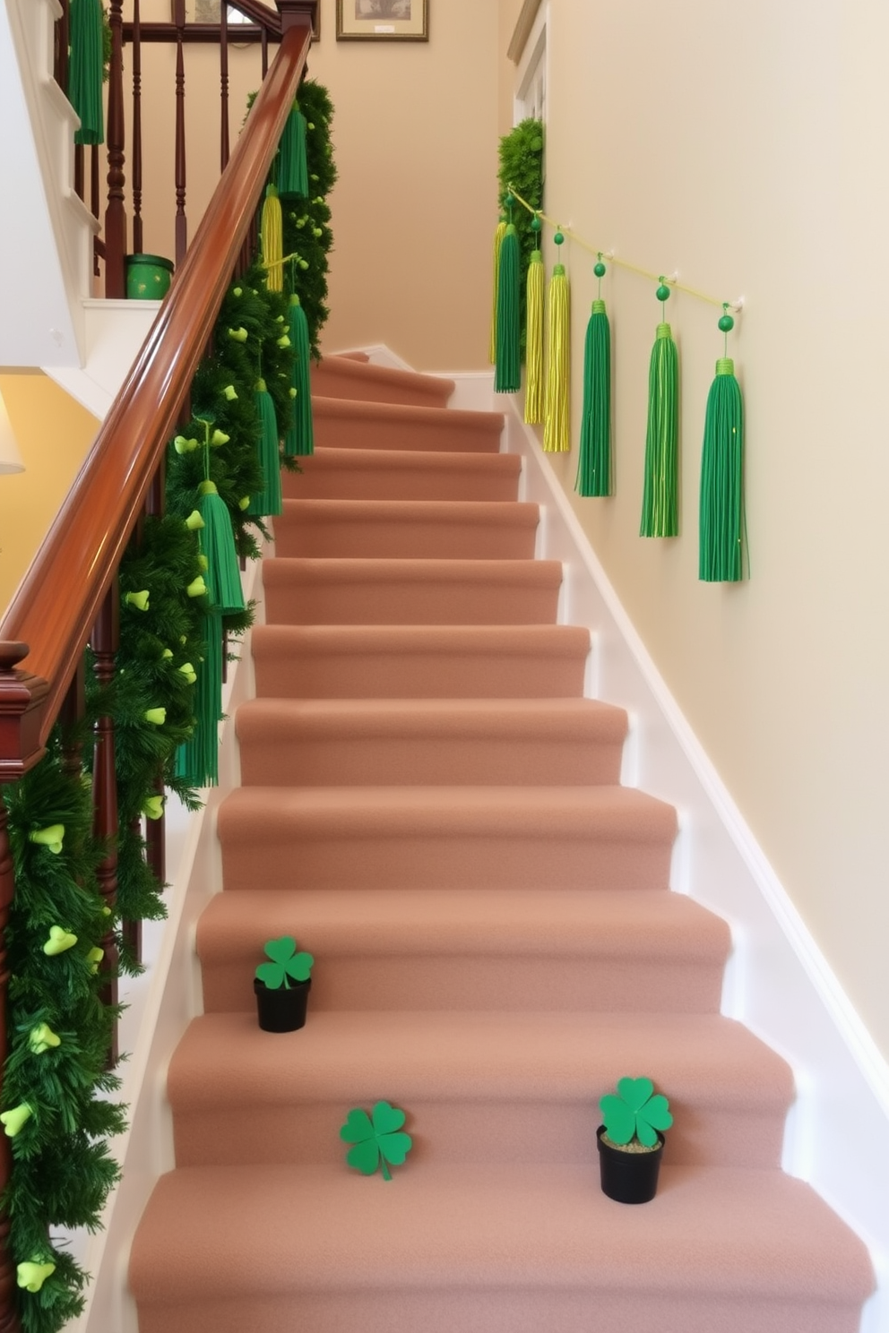 A beautifully decorated staircase for St. Patrick's Day features a stunning railing adorned with hanging green and gold tassels that sway gently with the breeze. The steps are lined with festive garlands and small potted shamrocks, creating a cheerful and welcoming atmosphere.