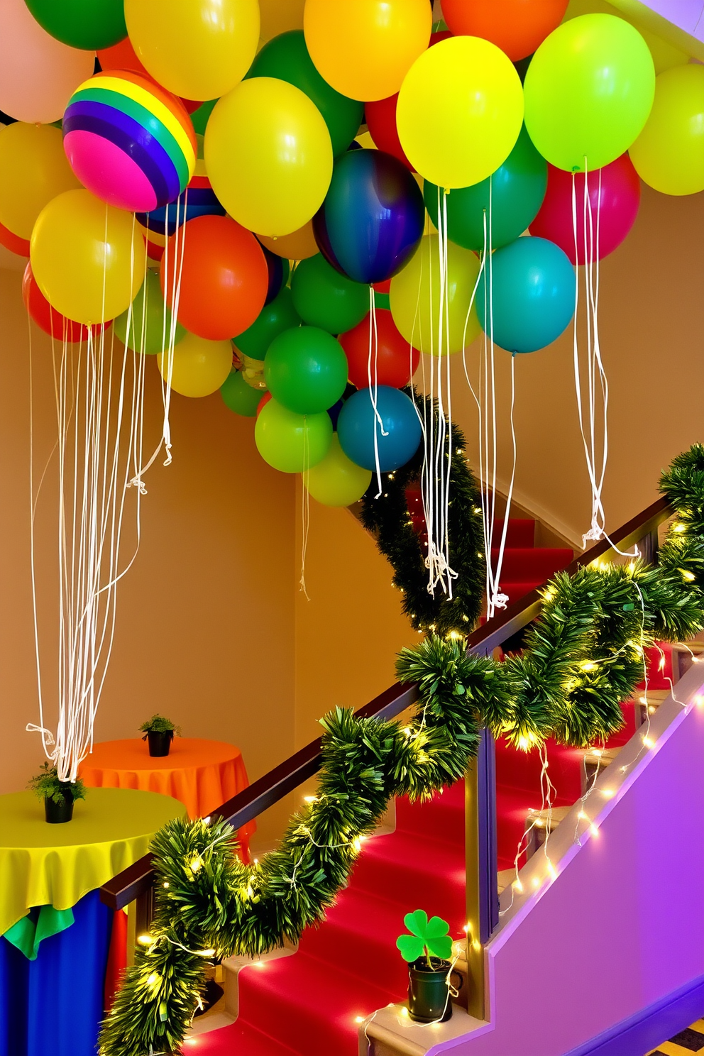 Colorful balloons in rainbow patterns are suspended from the ceiling, creating a festive atmosphere. The balloons are arranged in clusters, with some floating freely while others are anchored to tables adorned with vibrant tablecloths. The staircase is decorated with garlands of green and gold, celebrating St. Patrick's Day. Each step features small potted shamrocks, and twinkling fairy lights are woven along the banister for a magical touch.