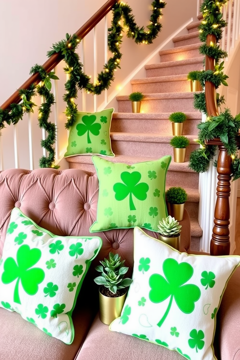 Decorative pillows with St Patricks Day motifs are arranged on a plush sofa. The pillows feature vibrant green hues and playful patterns including shamrocks and leprechauns. The staircase is adorned with festive garlands and twinkling fairy lights. Each step is highlighted with small potted plants and gold accents to enhance the St Patricks Day theme.