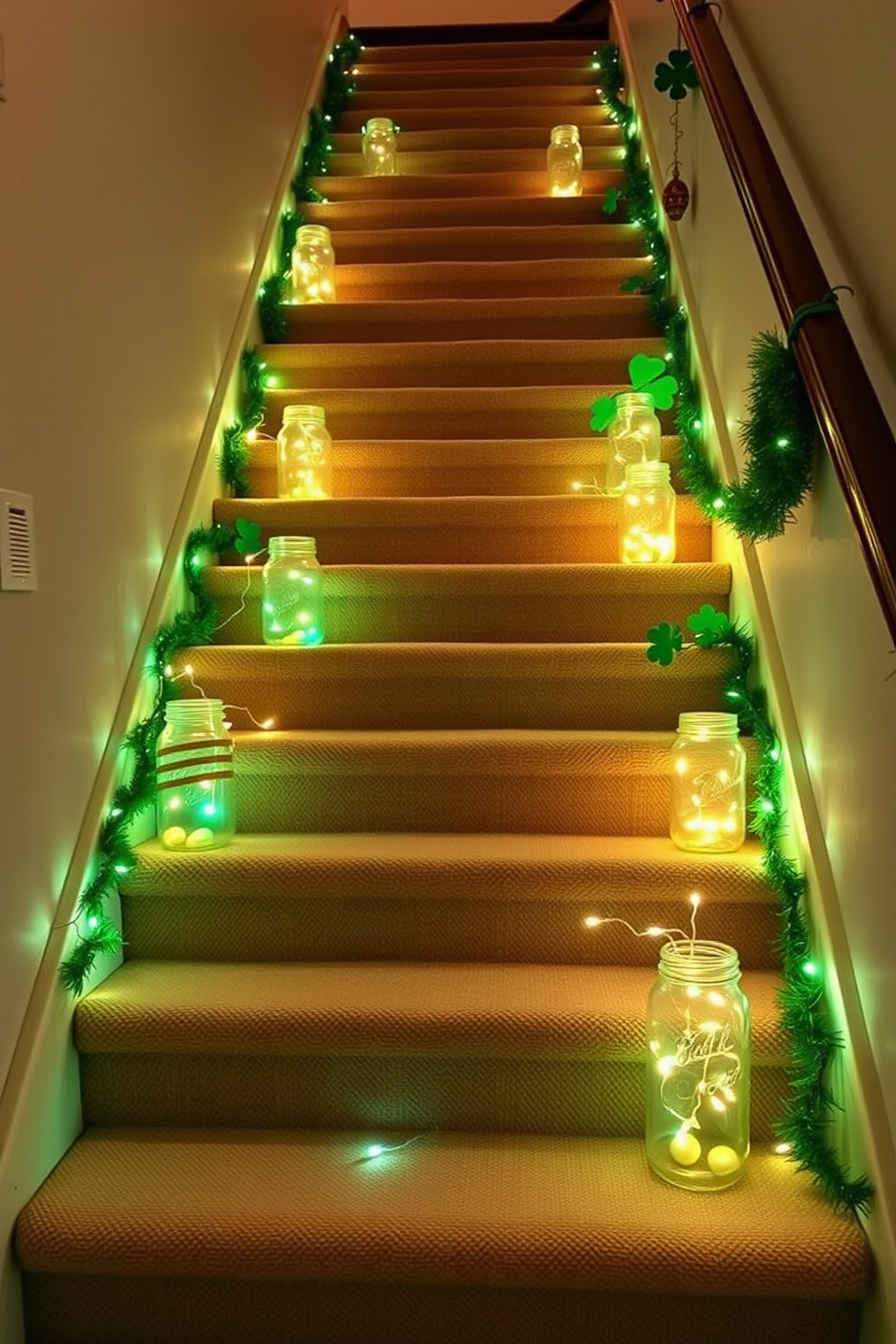 A charming staircase adorned with mason jars filled with glowing fairy lights. The steps are decorated with green and gold accents to celebrate St. Patrick's Day, creating a festive and inviting atmosphere.