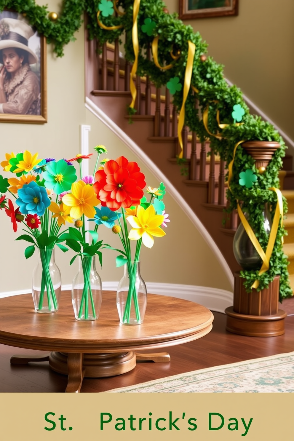 Colorful paper flowers in vases create a vibrant and cheerful atmosphere. The vases are arranged on a wooden table, each filled with an assortment of bright and whimsical paper blooms. The staircase is elegantly adorned with garlands of greenery and festive decorations. Accents of gold and green ribbons cascade down the banister, enhancing the St. Patrick's Day theme. For St. Patrick's Day decorating ideas, consider incorporating shamrock motifs throughout your decor. Use green and gold accents to create a festive and inviting space that celebrates the holiday spirit.