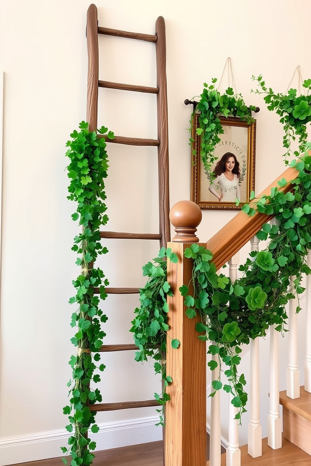 A wooden ladder leans against the wall, adorned with lush greenery cascading down the sides. The vibrant leaves create a striking contrast against the rustic wood, bringing a touch of nature indoors. The staircase features elegant St. Patrick's Day decorations, with garlands of shamrocks woven along the banister. Soft green and gold accents enhance the festive atmosphere, inviting warmth and charm to the space.