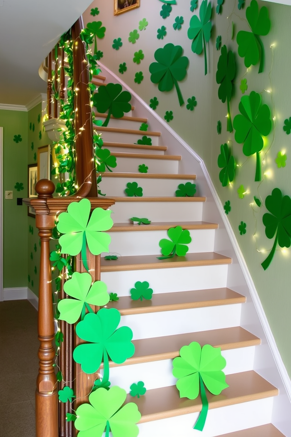 A festive staircase adorned with giant paper shamrocks creates a vibrant atmosphere for St. Patrick's Day. The walls are decorated with various shades of green, complemented by twinkling fairy lights that add a magical touch.