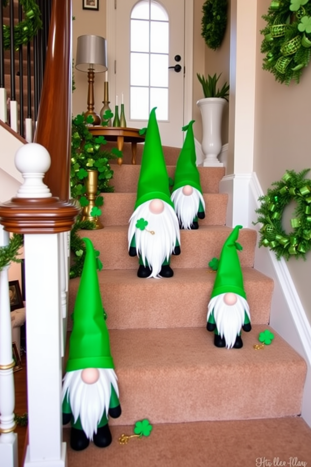 Create a whimsical display of DIY gnome decorations on the steps of a charming staircase. The gnomes should feature vibrant green hats and be surrounded by festive St. Patrick's Day decor, including shamrocks and gold accents.