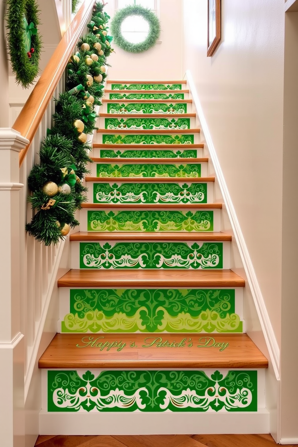 Brightly colored step risers with intricate patterns lead up a staircase adorned with festive St. Patrick's Day decorations. Each riser showcases vibrant greens, golds, and whites, creating a cheerful and inviting atmosphere that celebrates the holiday spirit.