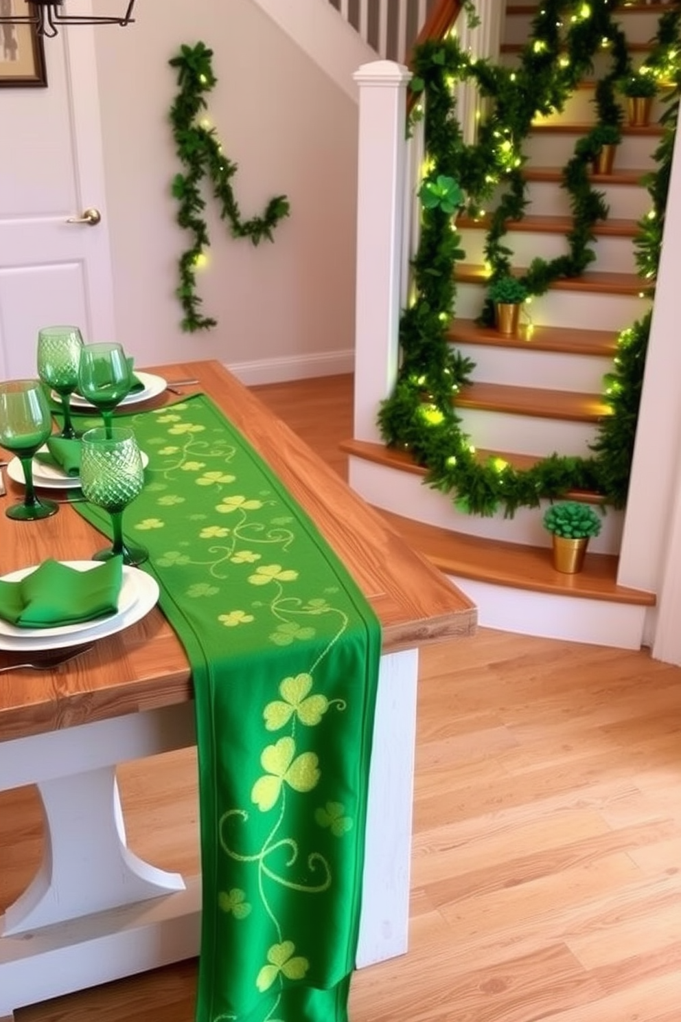 A festive St Patrick's Day themed table runner features a vibrant green fabric adorned with shamrocks and gold accents. It drapes elegantly over a rustic wooden table, complemented by white dinnerware and sparkling green glassware. The staircase is decorated with cascading green garlands intertwined with twinkling fairy lights. Each step is adorned with small pots of gold and clusters of shamrocks, creating a cheerful and inviting atmosphere.