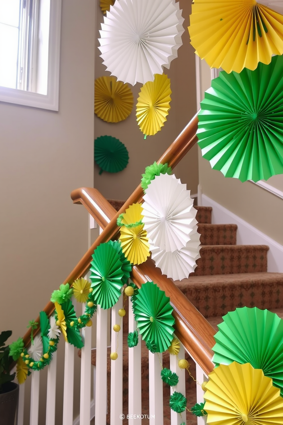 A vibrant staircase adorned with hanging colorful paper fans in various shades of green, gold, and white. The fans create a festive atmosphere, complementing the St. Patrick's Day theme with cheerful decorations along the bannister.