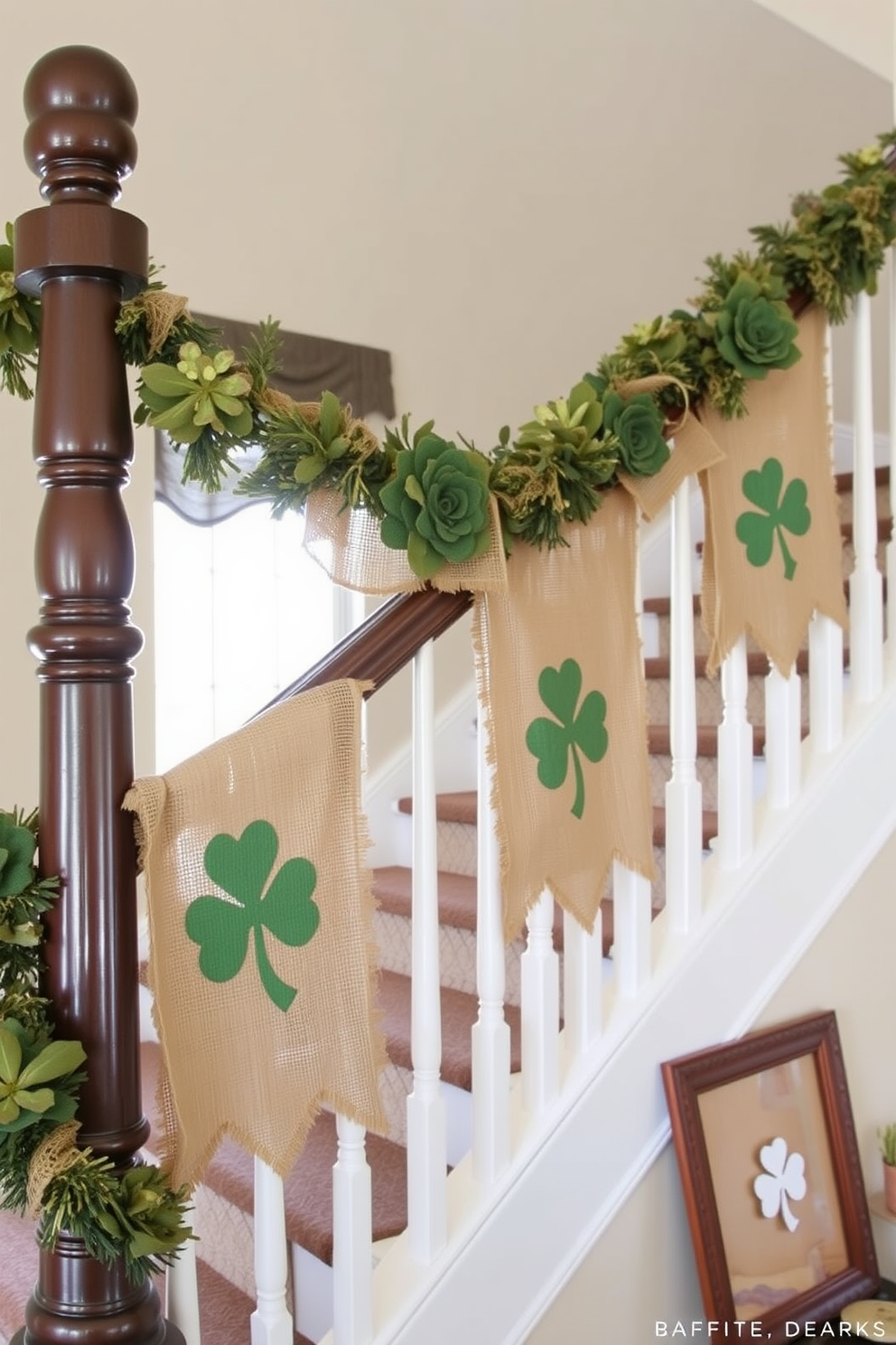 A charming staircase adorned with burlap banners featuring intricate clover designs. The banners gracefully drape along the railing, creating a festive atmosphere for St. Patrick's Day celebrations.