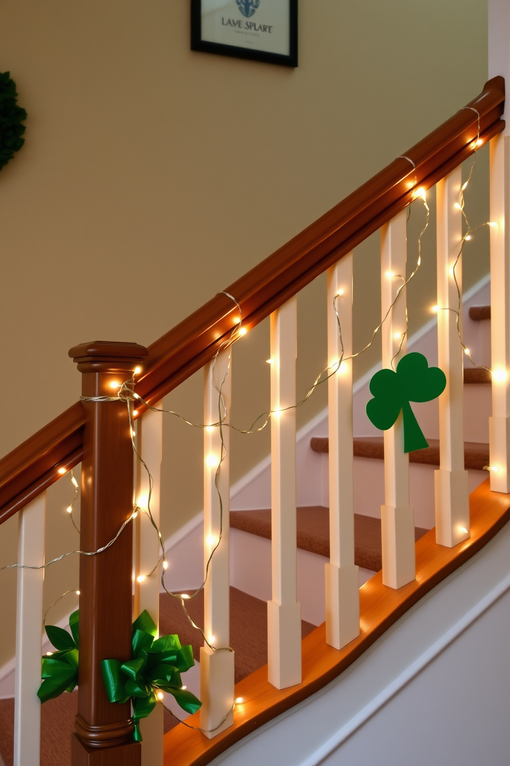 A charming staircase adorned with string lights elegantly wrapped around the wooden banister. The warm glow of the lights creates a festive atmosphere, perfect for celebrating St. Patrick's Day with green decorations and cheerful accents.