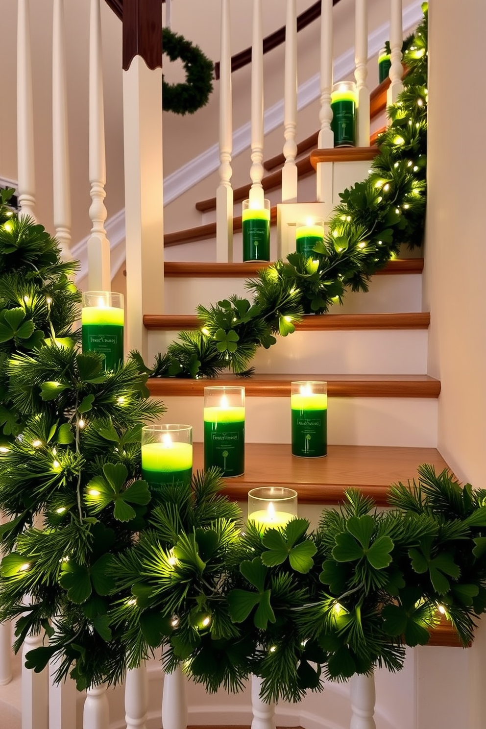 A cozy staircase adorned with seasonal scent candles in green holders. The candles emit a warm glow, creating an inviting atmosphere for St. Patrick's Day celebrations. The staircase is decorated with lush green garlands intertwined with twinkling fairy lights. Festive shamrock accents are placed along the railing, enhancing the holiday spirit.