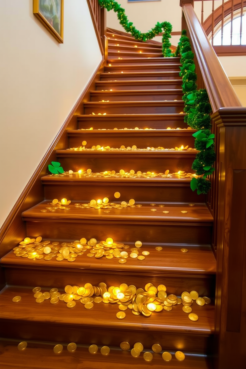 A staircase adorned with gold coins scattered across the steps creates a festive atmosphere for St. Patrick's Day. The warm glow of the coins contrasts beautifully with the rich wood of the staircase, inviting guests to celebrate in style.