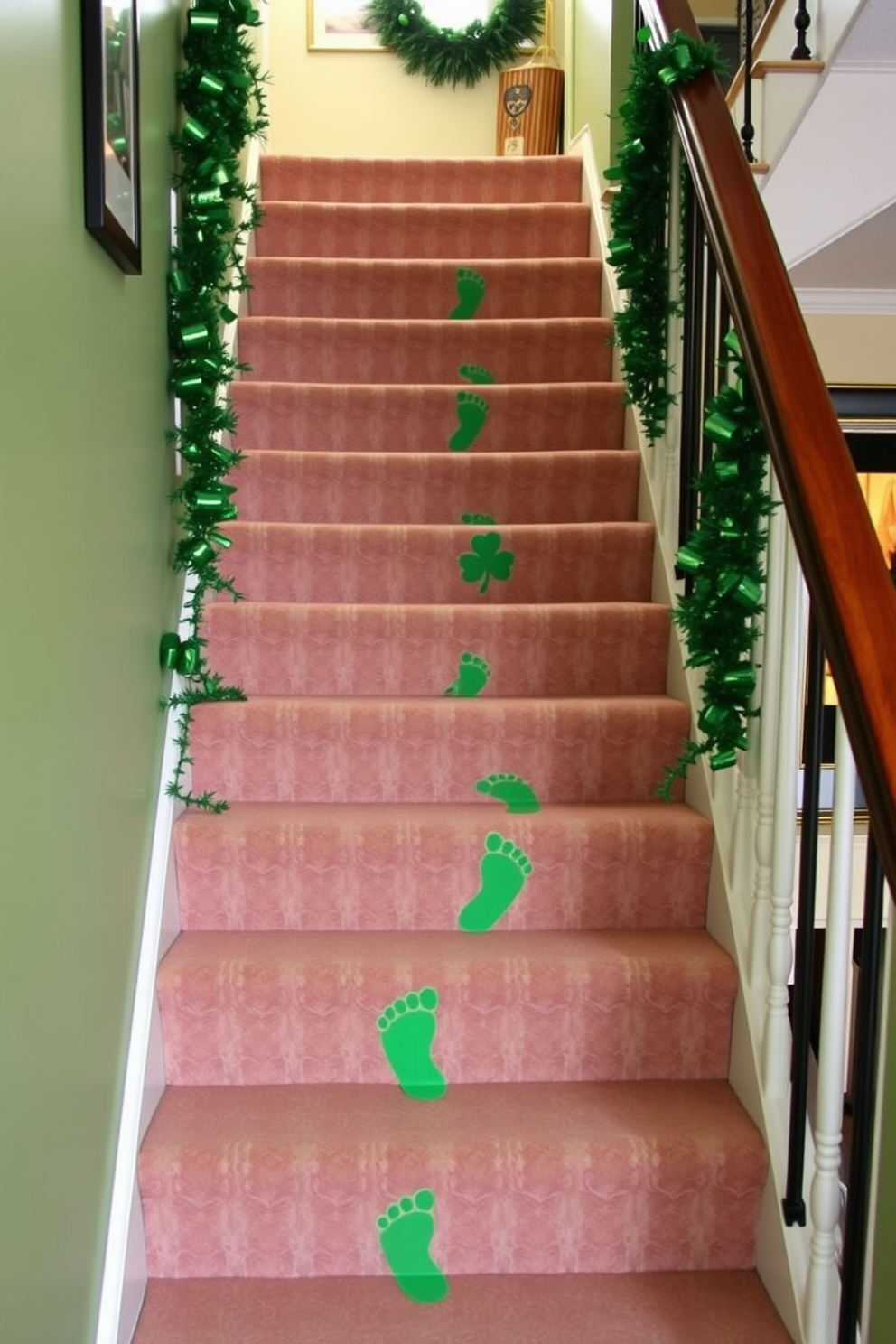 DIY leprechaun footprints leading up the staircase create a whimsical and festive atmosphere for St. Patrick's Day. Use green paint or washable markers to make playful, oversized footprints that guide guests up the stairs, adding a touch of magic to your home.