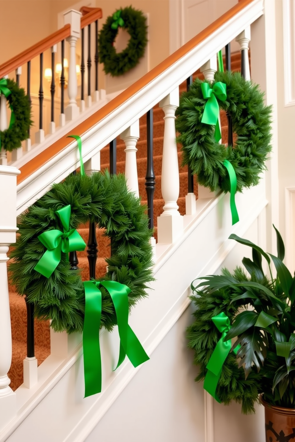 A beautiful staircase adorned with wreaths featuring lush green ribbons. The wreaths are elegantly hung on the banister, creating a festive atmosphere for St. Patrick's Day celebrations.