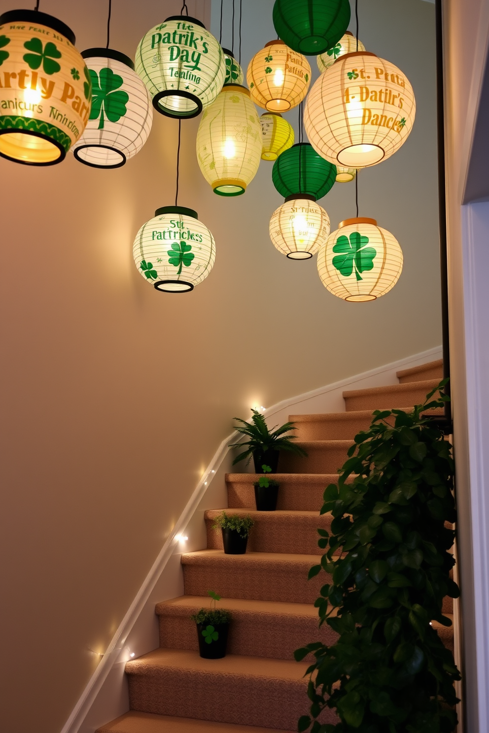 A cozy staircase adorned with paper lanterns featuring St. Patrick's Day themes. The lanterns are hung at varying heights, creating a festive atmosphere with shades of green and gold throughout the space. Beneath the lanterns, the staircase is decorated with lush greenery and small pots of shamrocks. Soft white lights twinkle among the decorations, enhancing the celebratory feel of the staircase.