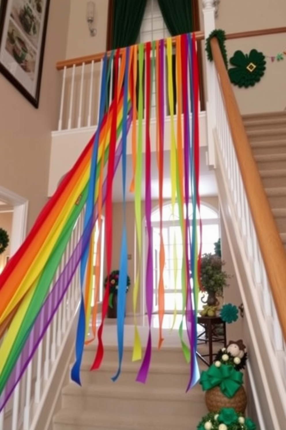 A vibrant display of rainbow streamers cascades gracefully from the elegant railing of a beautifully designed staircase. The colorful streamers create a festive atmosphere, perfectly complementing the St. Patrick's Day decorations that adorn the space.