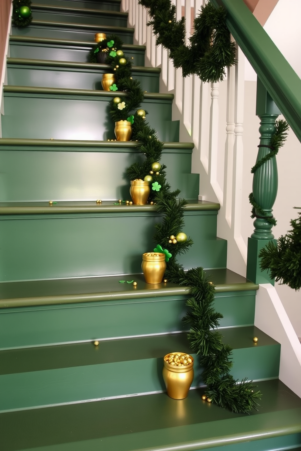 A staircase adorned for St. Patrick's Day features mini pots of gold placed at each step, creating a whimsical and festive atmosphere. The rich green hues of the staircase complement the golden accents, enhancing the overall charm of the decor.