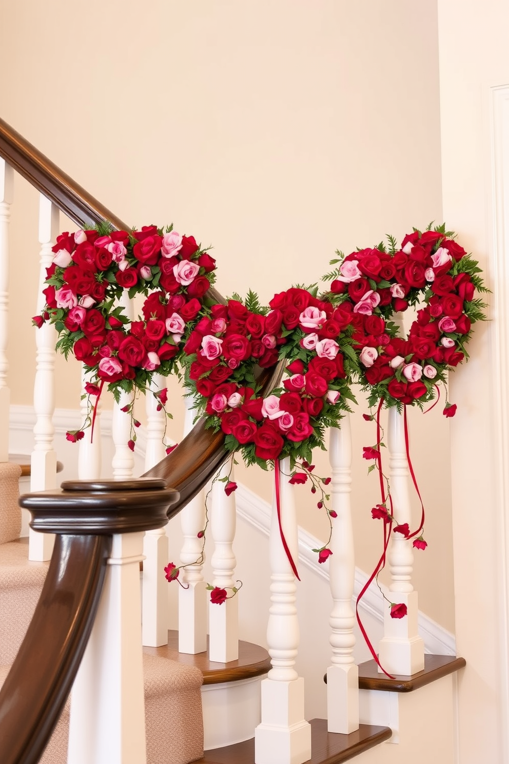 Create a romantic staircase setting adorned with heart-shaped wreaths draped elegantly over the railing. The wreaths should be made of lush red and pink flowers, intertwined with soft green foliage, creating a festive atmosphere for Valentine's Day.