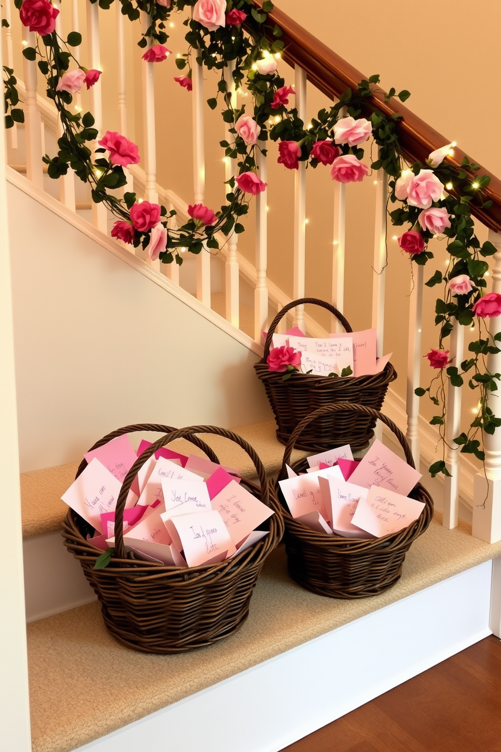 Baskets filled with love notes are artfully arranged on the staircase, creating a warm and inviting atmosphere. The notes, written in colorful ink, peek out from the woven baskets, adding a personal touch to the Valentine's Day decor. The staircase is adorned with delicate garlands of greenery intertwined with soft pink and red flowers. Twinkling fairy lights are draped along the railing, enhancing the romantic ambiance of the space.