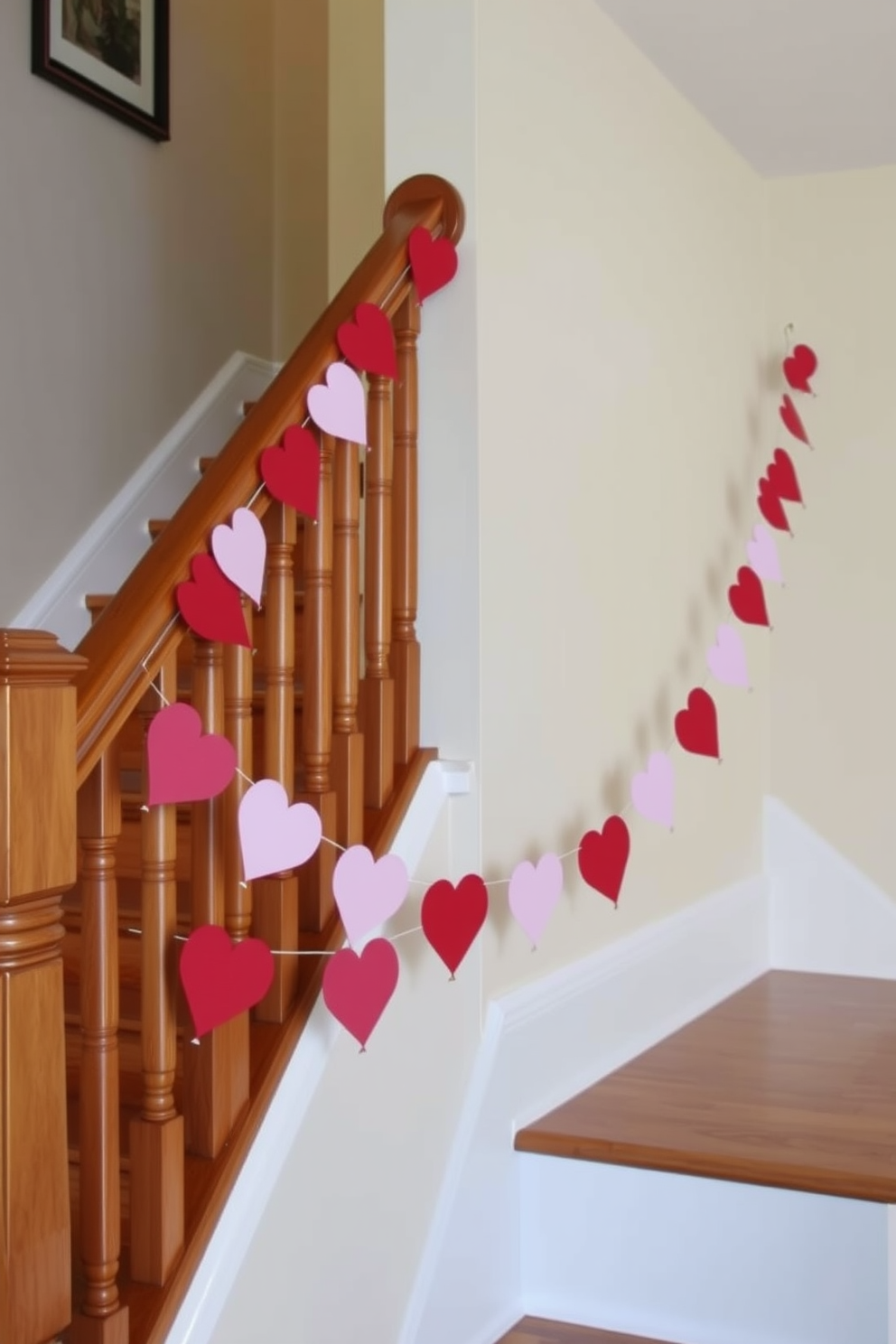 A charming staircase decorated for Valentine's Day features DIY heart banners elegantly strung across the railing. The banners, made of red and pink paper hearts, add a festive touch to the warm wooden staircase, creating a romantic atmosphere.