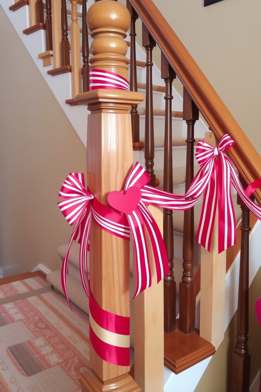 A charming staircase adorned for Valentine's Day. Red and white striped ribbons are elegantly tied to the wooden posts, creating a festive and romantic atmosphere.