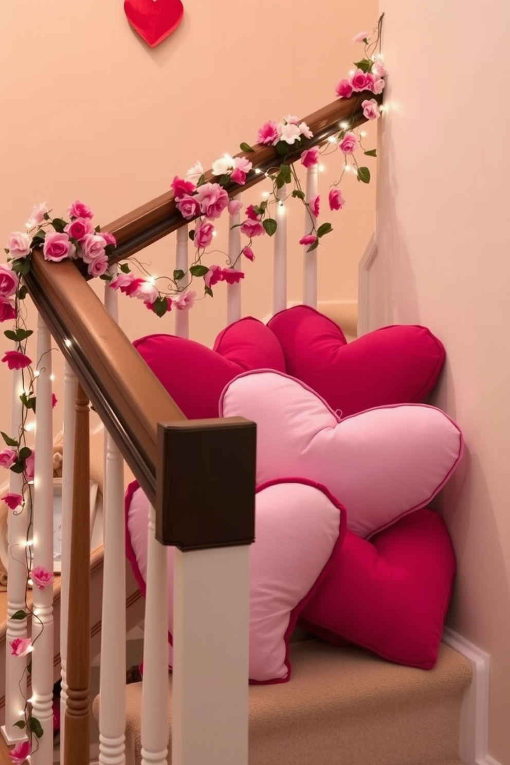 Heart-shaped pillows are arranged on a staircase landing, adding a romantic touch to the space. The soft fabric and vibrant colors create a warm and inviting atmosphere perfect for Valentine's Day. Delicate garlands of faux flowers are draped along the staircase railing, enhancing the festive decor. Subtle fairy lights twinkle softly, illuminating the heart-themed accents and creating a charming focal point.