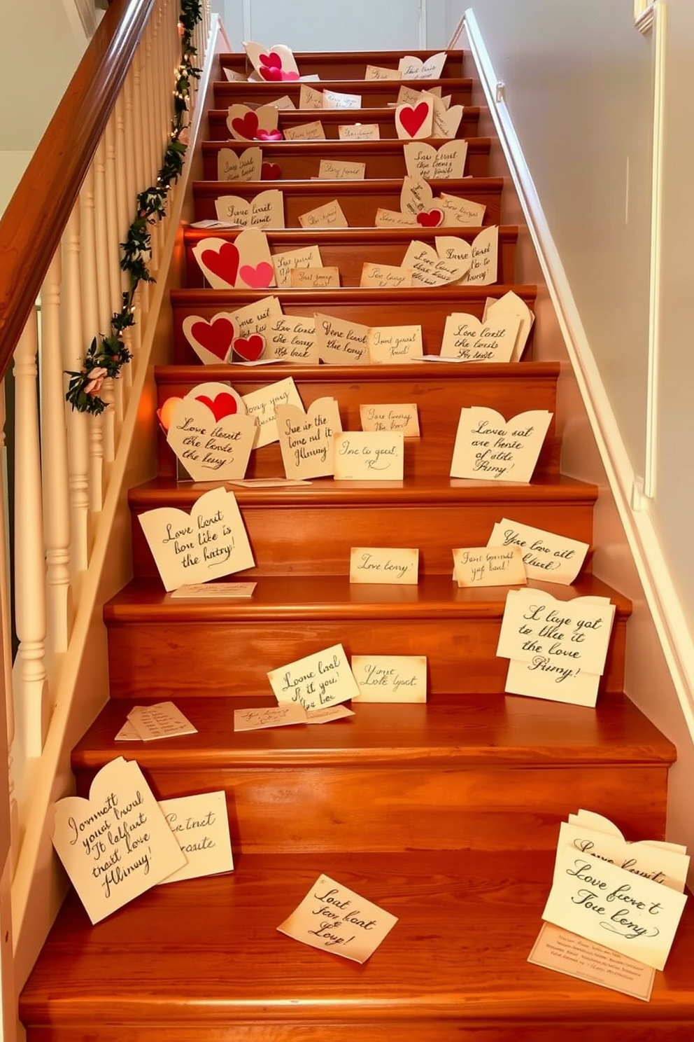 A charming staircase adorned with vintage love letters elegantly displayed on each step. The warm hues of the letters contrast beautifully with the wooden staircase, creating a romantic atmosphere perfect for Valentine's Day.