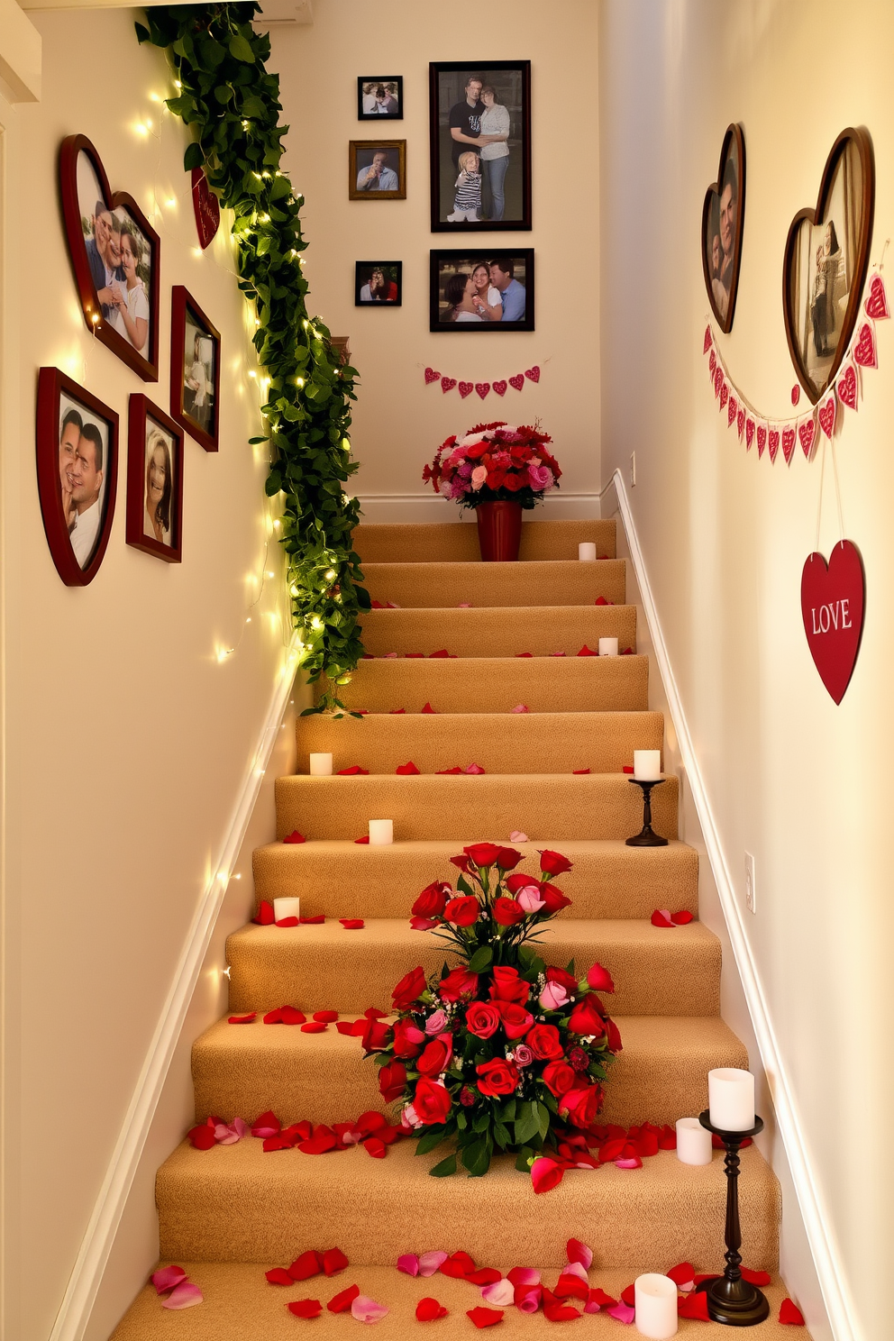 A warm and inviting staircase adorned with photos of loved ones in heart-shaped frames. The walls are painted in a soft cream color, and the staircase is lined with lush greenery and delicate fairy lights for a romantic touch. On the steps, scattered rose petals lead up to a beautifully arranged display of red and pink flowers. Subtle Valentine's Day decorations, such as love-themed banners and candles, create a cozy atmosphere perfect for celebrating love.